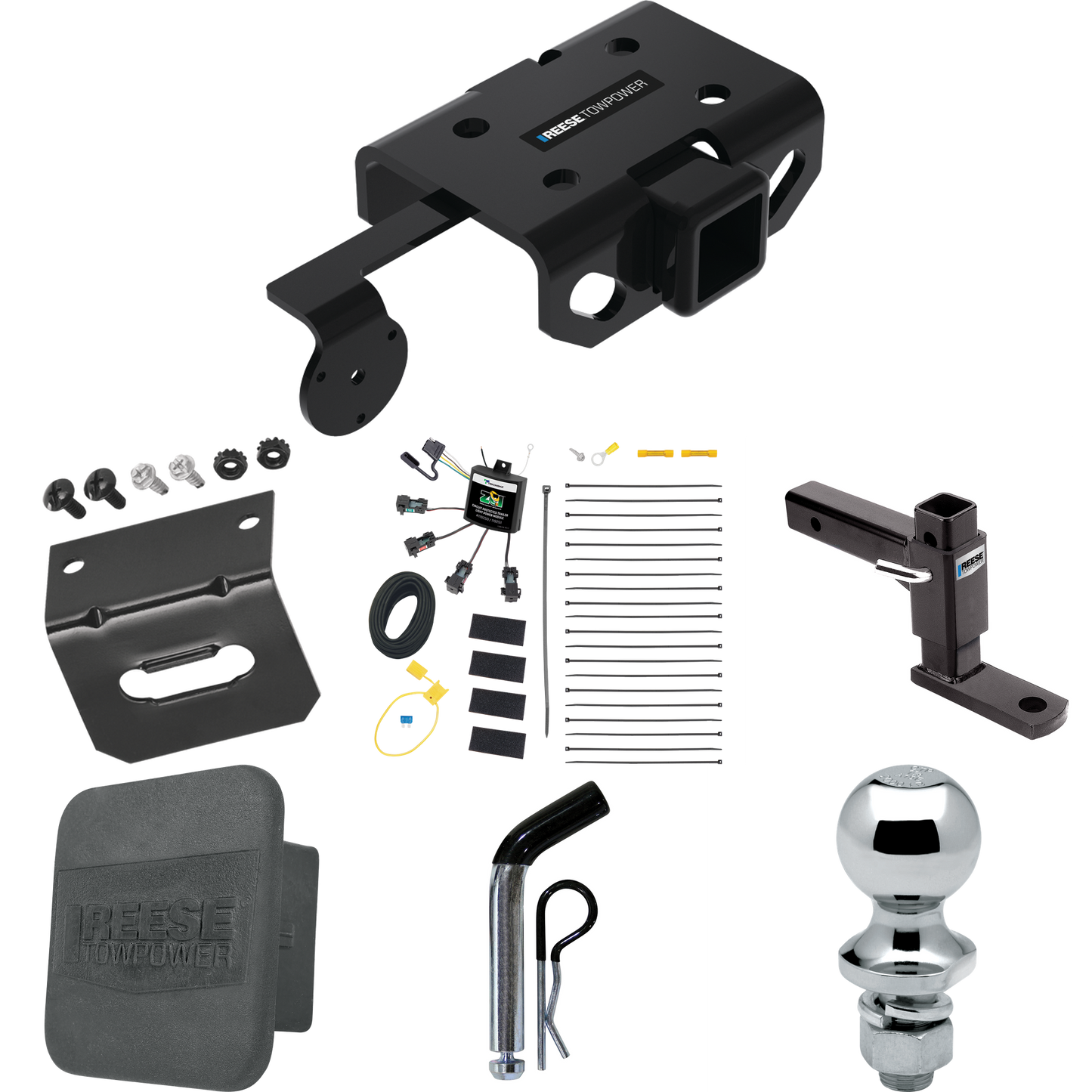 Se adapta al paquete de enganche de remolque Volkswagen Amarok 2011-2022 con cableado "sin empalme" de 4 contactos planos cero + soporte de bola ajustable + pasador/clip + bola de 1-7/8" + soporte de cableado + cubierta de enganche de Reese Towpower