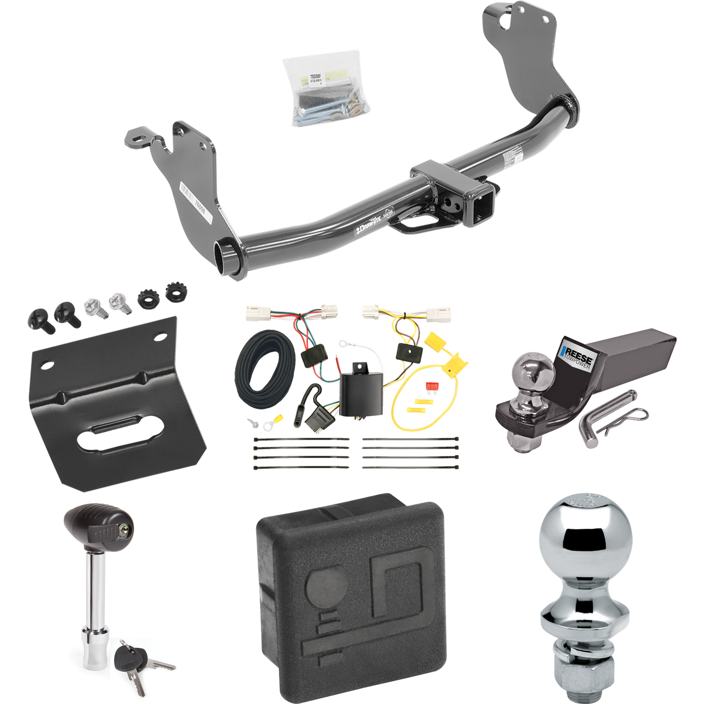 Fits 2011-2023 Mitsubishi RVR Trailer Hitch Tow PKG w/ 4-Flat Wiring + Starter Kit Ball Mount w/ 2" Drop & 2" Ball + 1-7/8" Ball + Wiring Bracket + Hitch Lock + Hitch Cover (For (Canada Only) Models) By Draw-Tite