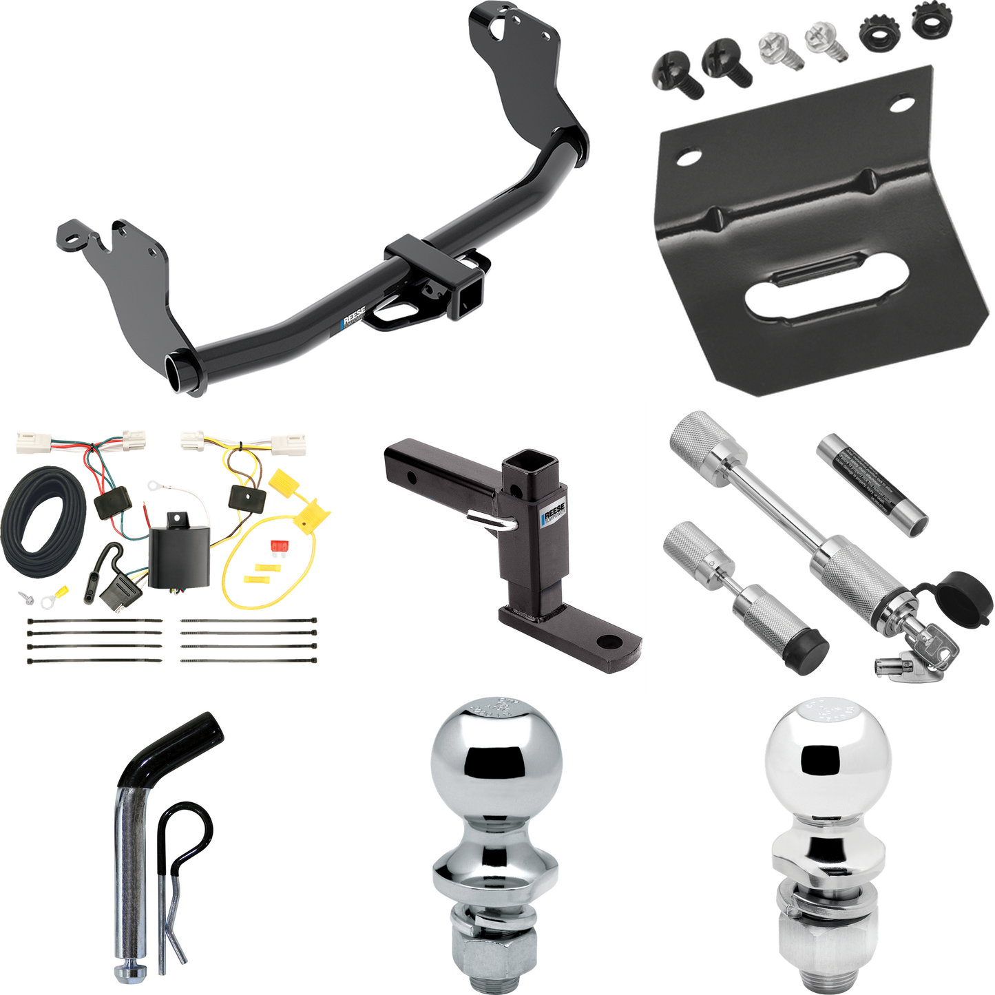 Fits 2011-2023 Mitsubishi RVR Trailer Hitch Tow PKG w/ 4-Flat Wiring Harness + Adjustable Drop Rise Ball Mount + Pin/Clip + 2" Ball + 1-7/8" Ball + Dual Hitch & Coupler Locks (For (Canada Only) Models) By Reese Towpower