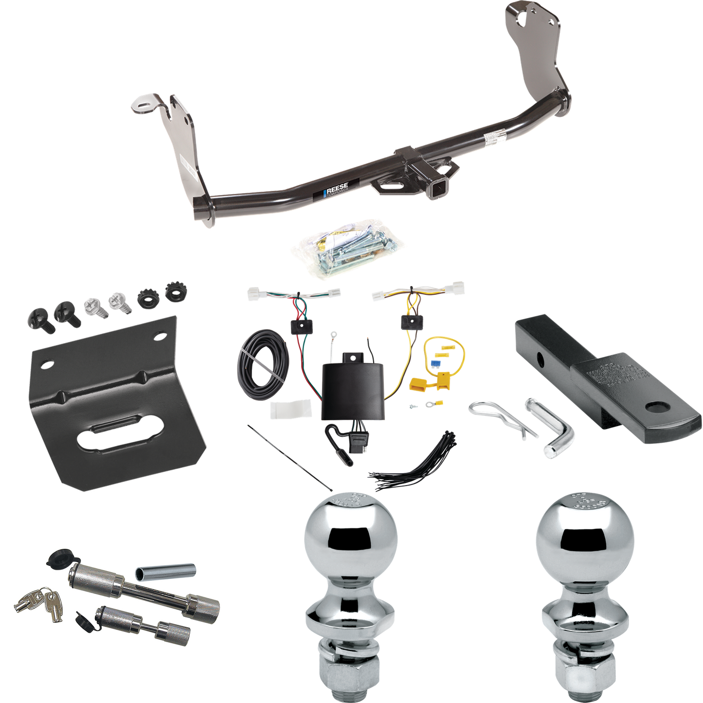 Fits 2020-2021 Mitsubishi Outlander Sport Trailer Hitch Tow PKG w/ 4-Flat Wiring Harness + Draw-Bar + 1-7/8" + 2" Ball + Wiring Bracket + Dual Hitch & Coupler Locks By Reese Towpower