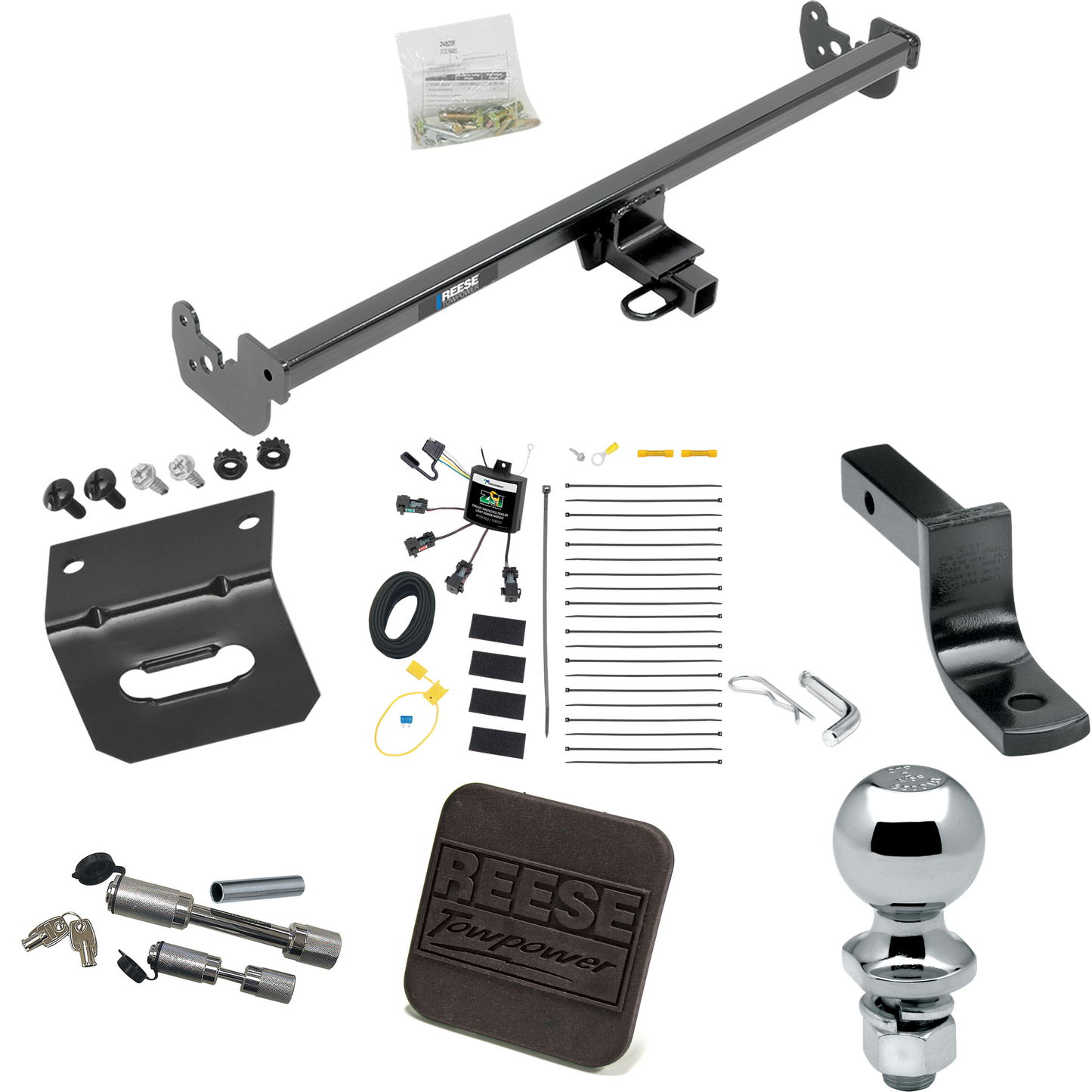 Fits 2015-2019 Toyota Yaris Trailer Hitch Tow PKG w/ 4-Flat Zero Contact "No Splice" Wiring Harness + Draw-Bar + 2" Ball + Wiring Bracket + Hitch Cover + Dual Hitch & Coupler Locks (Excludes: SE Models) By Reese Towpower