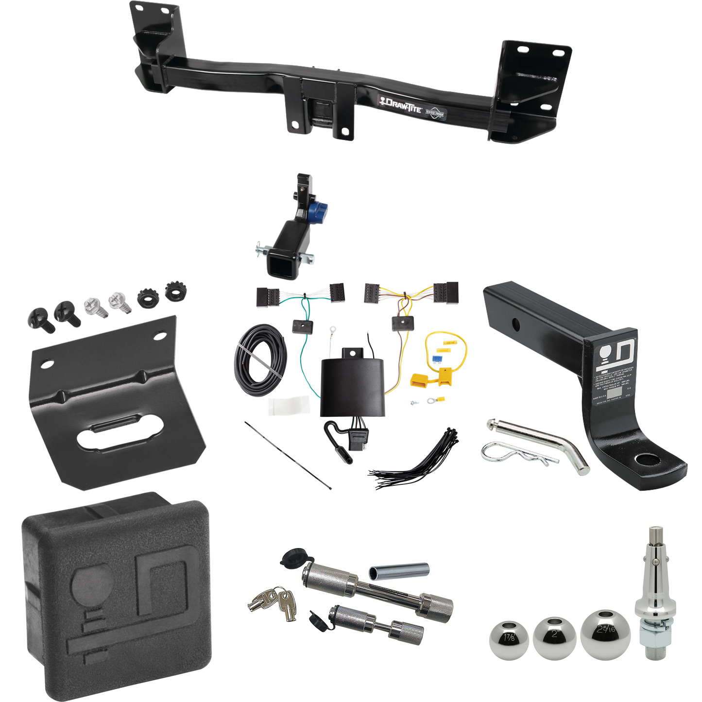 Fits 2015-2018 BMW X5 Trailer Hitch Tow PKG w/ 4-Flat Wiring + Ball Mount w/ 4" Drop + Interchangeable Ball 1-7/8" & 2" & 2-5/16" + Wiring Bracket + Dual Hitch & Coupler Locks + Hitch Cover (Excludes: M Sport Package Models) By Draw-Tite