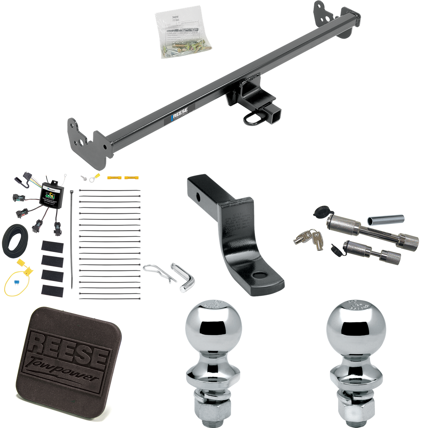 Fits 2015-2019 Toyota Yaris Trailer Hitch Tow PKG w/ 4-Flat Zero Contact "No Splice" Wiring Harness + Draw-Bar + 1-7/8" + 2" Ball + Hitch Cover + Dual Hitch & Coupler Locks (Excludes: SE Models) By Reese Towpower