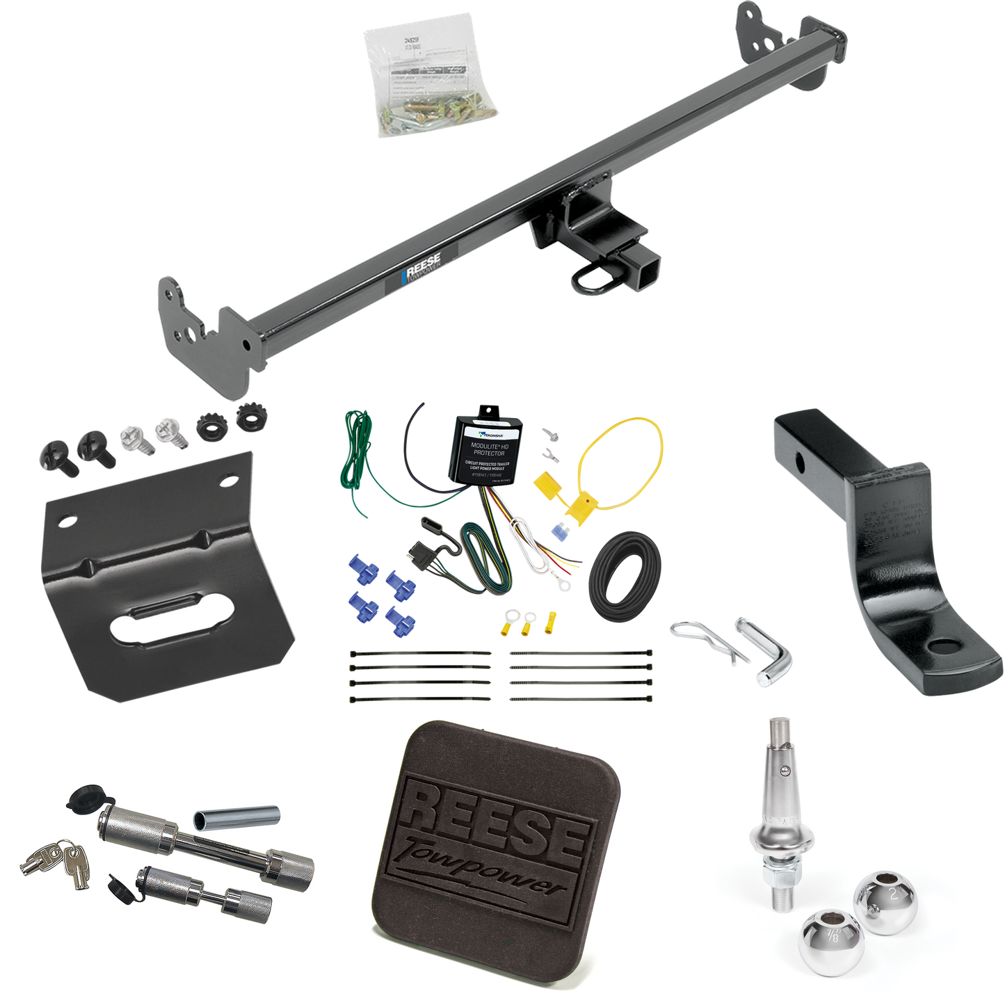 Fits 2015-2019 Toyota Yaris Trailer Hitch Tow PKG w/ 4-Flat Wiring Harness + Draw-Bar + Interchangeable 1-7/8" & 2" Balls + Wiring Bracket + Hitch Cover + Dual Hitch & Coupler Locks (Excludes: SE Models) By Reese Towpower