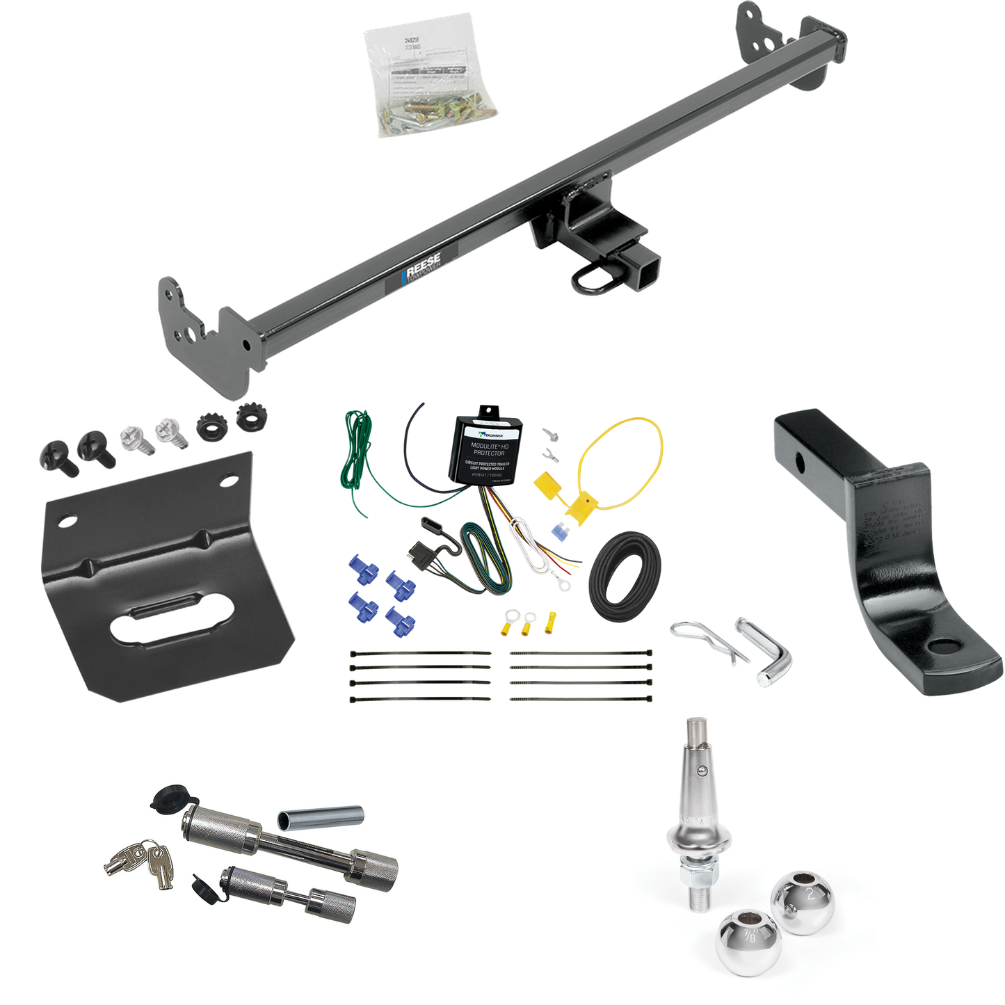 Fits 2015-2019 Toyota Yaris Trailer Hitch Tow PKG w/ 4-Flat Wiring Harness + Draw-Bar + Interchangeable 1-7/8" & 2" Balls + Wiring Bracket + Dual Hitch & Coupler Locks (Excludes: SE Models) By Reese Towpower