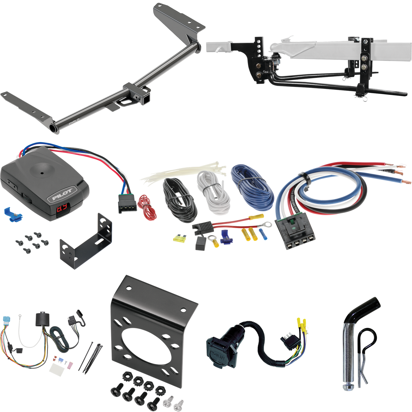 Fits 2018-2023 Honda Odyssey Trailer Hitch Tow PKG w/ 6K Round Bar Weight Distribution Hitch w/ 2-5/16" Ball + Pin/Clip + Pro Series Pilot Brake Control + Generic BC Wiring Adapter + 7-Way RV Wiring (For With Fuse Provisions Models) By Draw-Tite