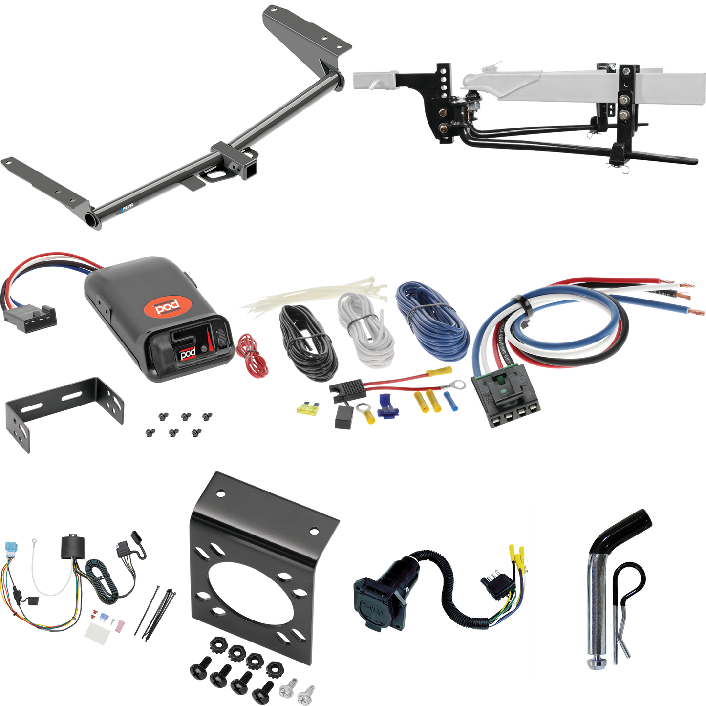 Fits 2018-2023 Honda Odyssey Trailer Hitch Tow PKG w/ 6K Round Bar Weight Distribution Hitch w/ 2-5/16" Ball + Pin/Clip + Pro Series POD Brake Control + Generic BC Wiring Adapter + 7-Way RV Wiring (For With Fuse Provisions Models) By Reese Towpower