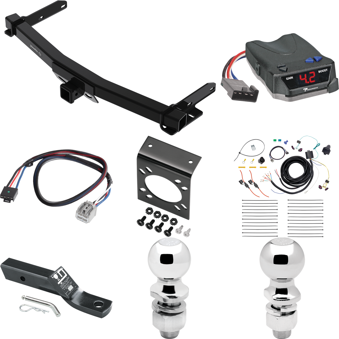 Fits 2014-2023 Dodge Durango Trailer Hitch Tow PKG w/ Tekonsha BRAKE-EVN Brake Control + Plug & Play BC Adapter + 7-Way RV Wiring + 2" & 2-5/16" Ball & Drop Mount By Draw-Tite