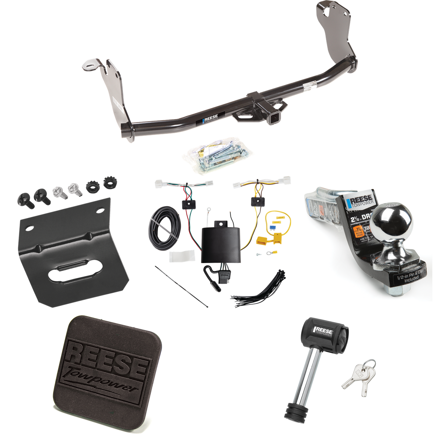 Fits 2020-2021 Mitsubishi Outlander Sport Trailer Hitch Tow PKG w/ 4-Flat Wiring Harness + Interlock Starter Kit w/ 2" Ball 2-1/2" Drop 2" Rise + Wiring Bracket + Hitch Cover + Hitch Lock By Reese Towpower