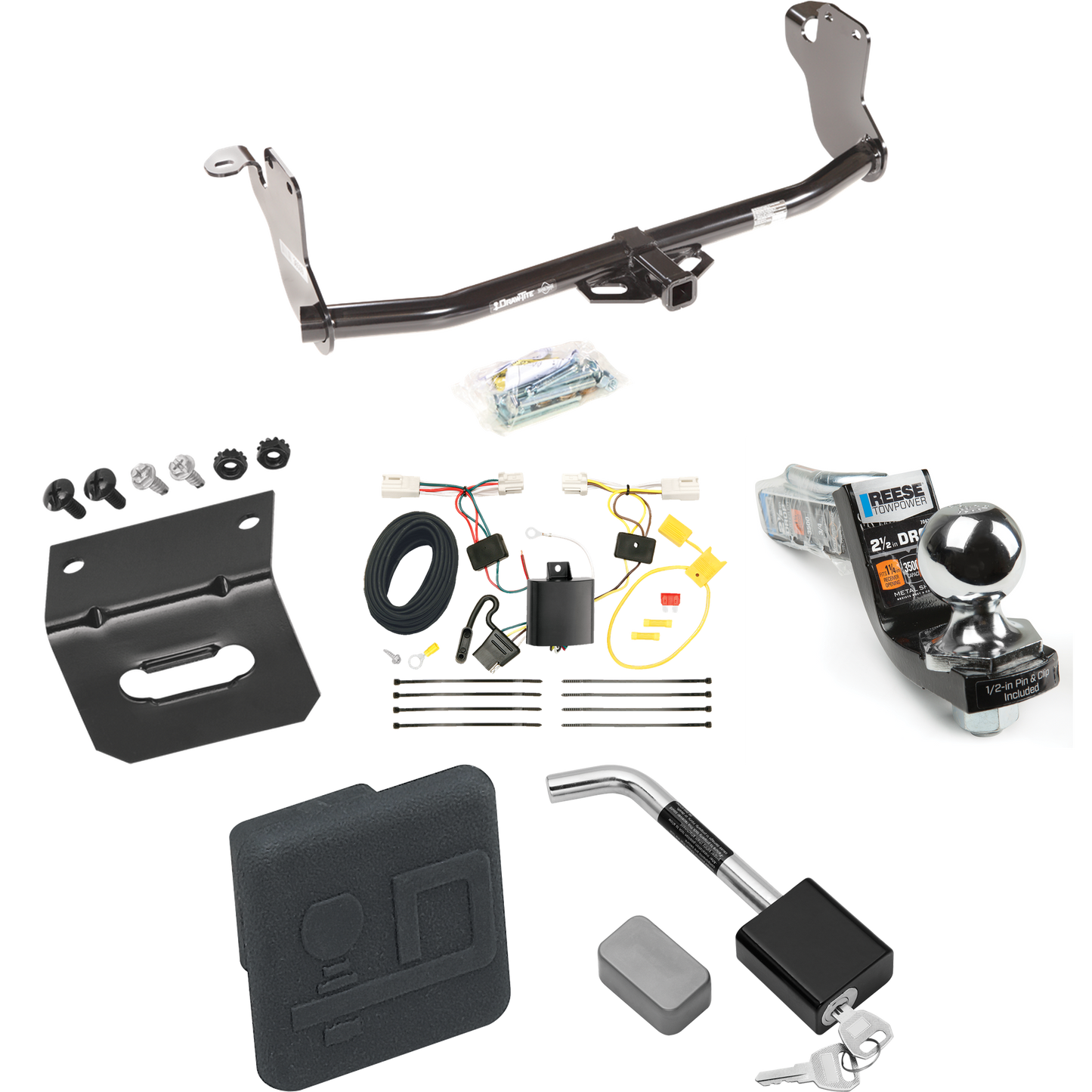 Fits 2011-2019 Mitsubishi Outlander Sport Trailer Hitch Tow PKG w/ 4-Flat Wiring Harness + Interlock Starter Kit w/ 2" Ball 2-1/2" Drop 2" Rise + Wiring Bracket + Hitch Cover + Hitch Lock By Draw-Tite