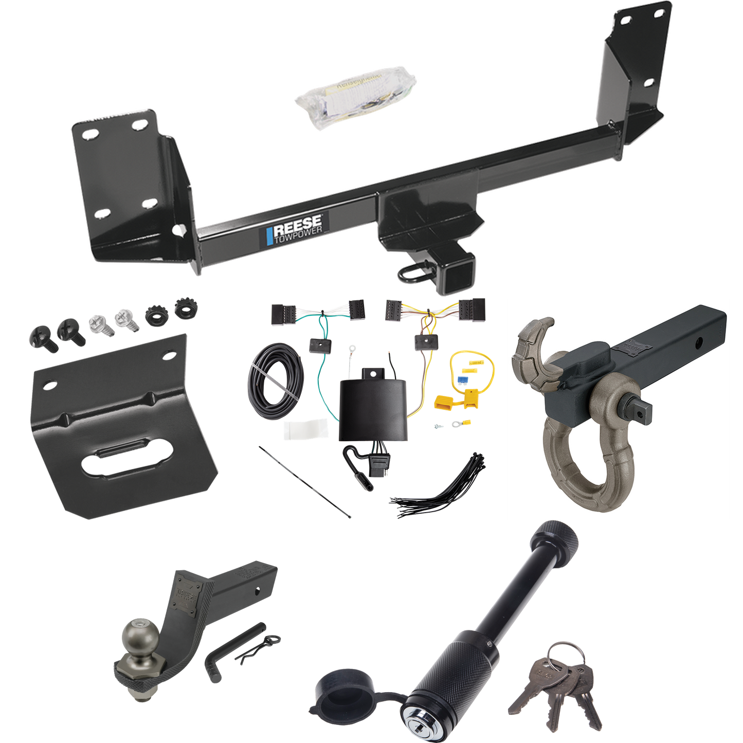 Fits 2015-2018 BMW X5 Trailer Hitch Tow PKG w/ 4-Flat Wiring + Interlock Tactical Starter Kit w/ 3-1/4" Drop & 2" Ball + Tactical Hook & Shackle Mount + Tactical Dogbone Lock + Wiring Bracket (Excludes: M Sport Package Models) By Reese Towpower