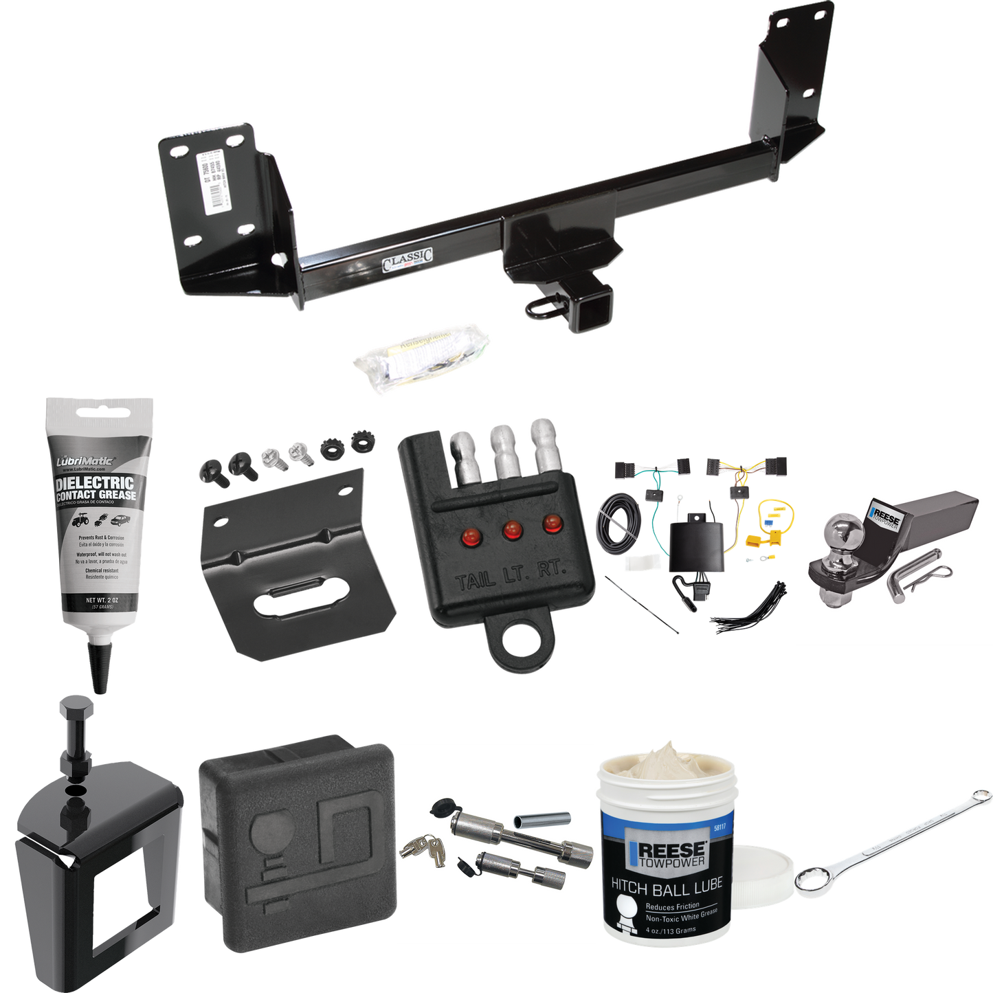 Fits 2015-2018 BMW X5 Trailer Hitch Tow PKG w/ 4-Flat Wiring + Starter Kit Ball Mount w/ 2" Drop & 2" Ball + Wiring Bracket + Hitch Cover + Dual Hitch & Coupler Locks + Wiring Tester + Ball Lube + Electric Grease + Ball Wrench + Anti Rattle Device (E