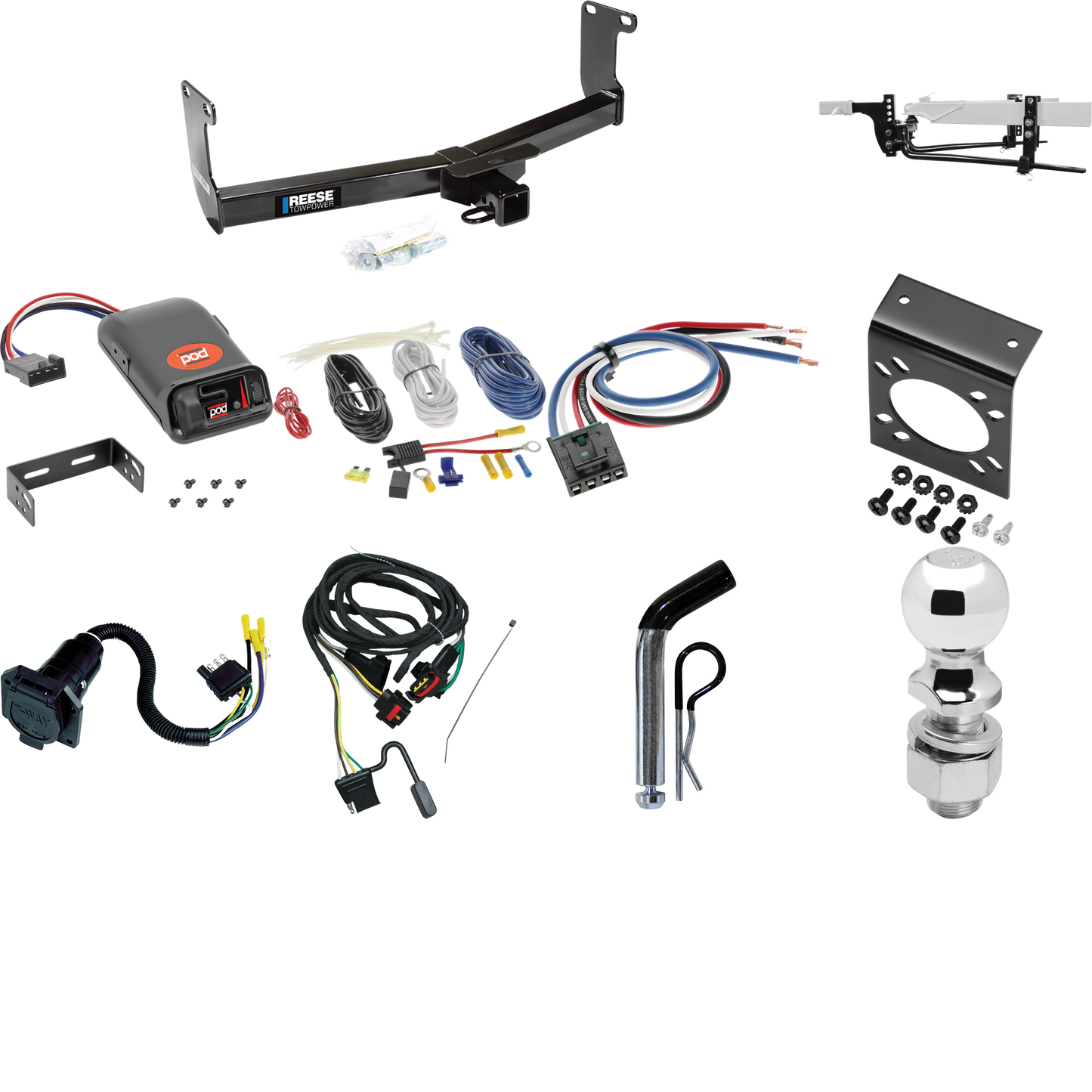 Fits 2006-2009 Mitsubishi Raider Trailer Hitch Tow PKG w/ 8K Round Bar Weight Distribution Hitch w/ 2-5/16" Ball + 2" Ball + Pin/Clip + Pro Series POD Brake Control + Generic BC Wiring Adapter + 7-Way RV Wiring By Reese Towpower