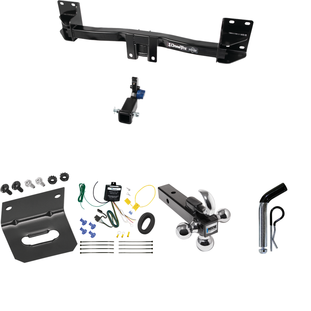 Fits 2007-2014 BMW X5 Trailer Hitch Tow PKG w/ 4-Flat Wiring Harness + Triple Ball Ball Mount 1-7/8" & 2" & 2-5/16" Trailer Balls w/ Tow Hook + Pin/Clip + Wiring Bracket (Excludes: M Sport Package Models) By Draw-Tite