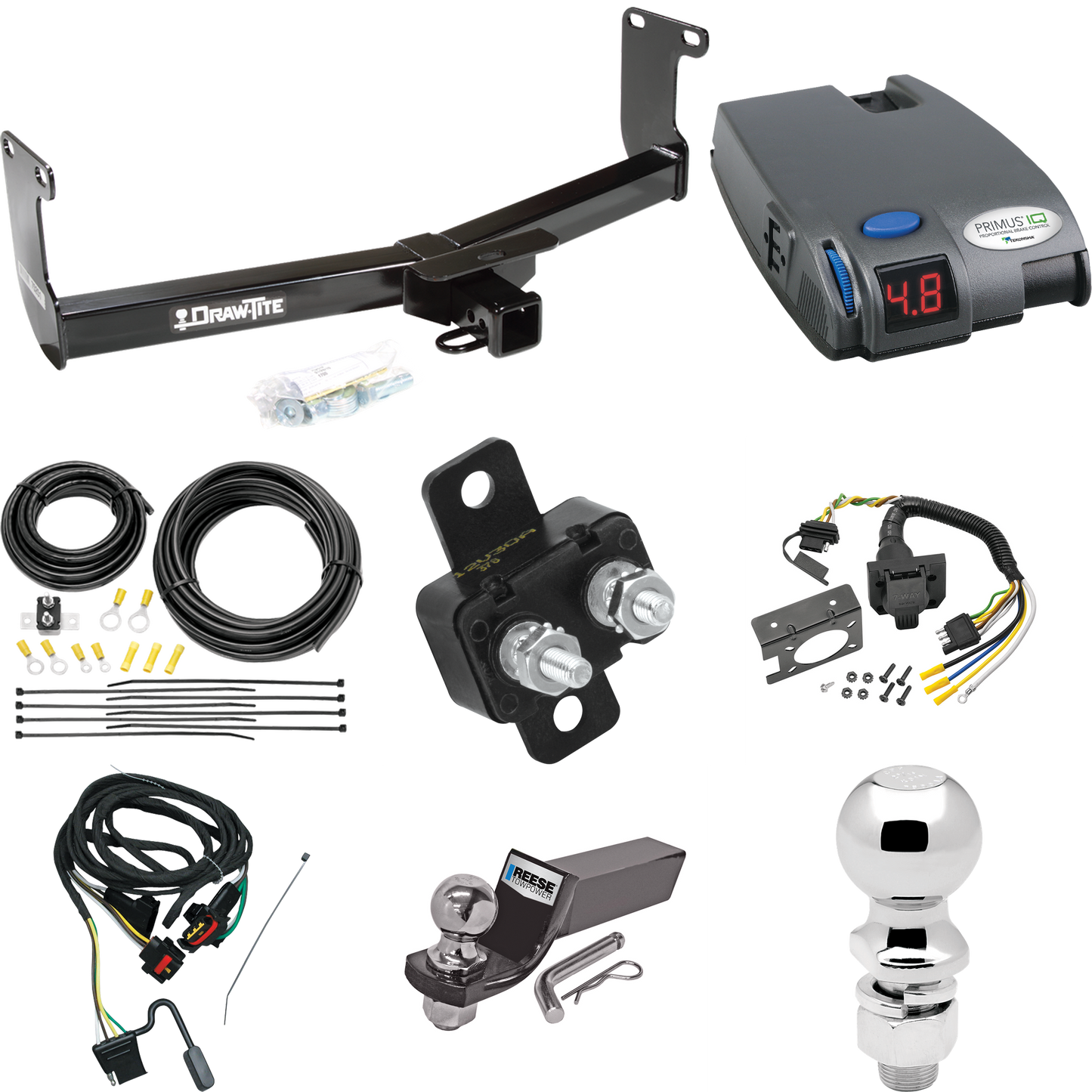 Se adapta al paquete de enganche de remolque Mitsubishi Raider 2006-2009 con control de freno Tekonsha Primus IQ + cableado RV de 7 vías + soporte de bola y caída de 2" y 2-5/16" de Draw-Tite