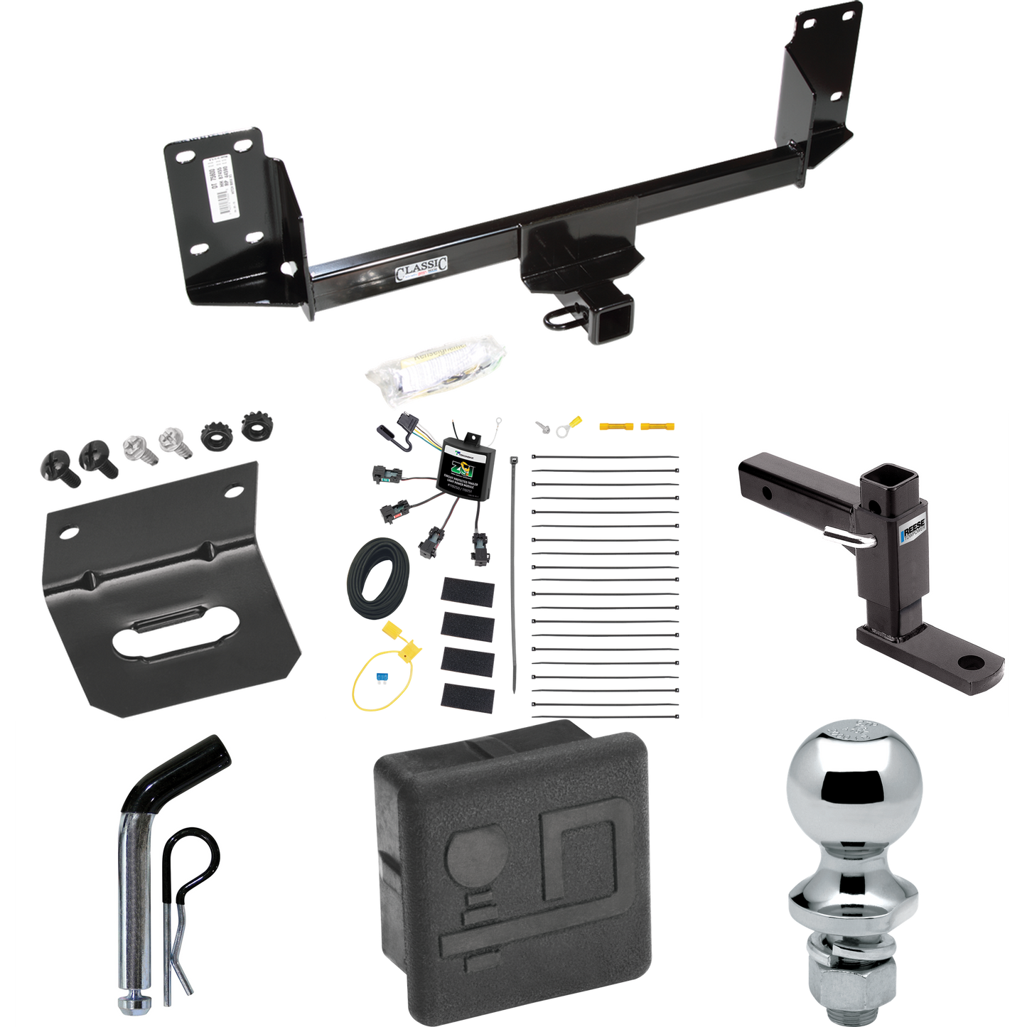 Fits 2007-2014 BMW X5 Trailer Hitch Tow PKG w/ 4-Flat Zero Contact "No Splice" Wiring + Adjustable Drop Rise Ball Mount + Pin/Clip + 1-7/8" Ball + Wiring Bracket + Hitch Cover (Excludes: M Sport Package Models) By Draw-Tite