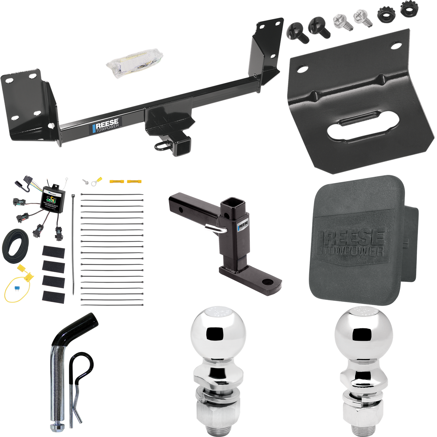 Fits 2007-2014 BMW X5 Trailer Hitch Tow PKG w/ 4-Flat Zero Contact "No Splice" Wiring + Adjustable Drop Rise Ball Mount + Pin/Clip + 2" Ball + 2-5/16" Ball + Wiring Bracket + Hitch Cover (Excludes: M Sport Package Models) By Reese Towpower