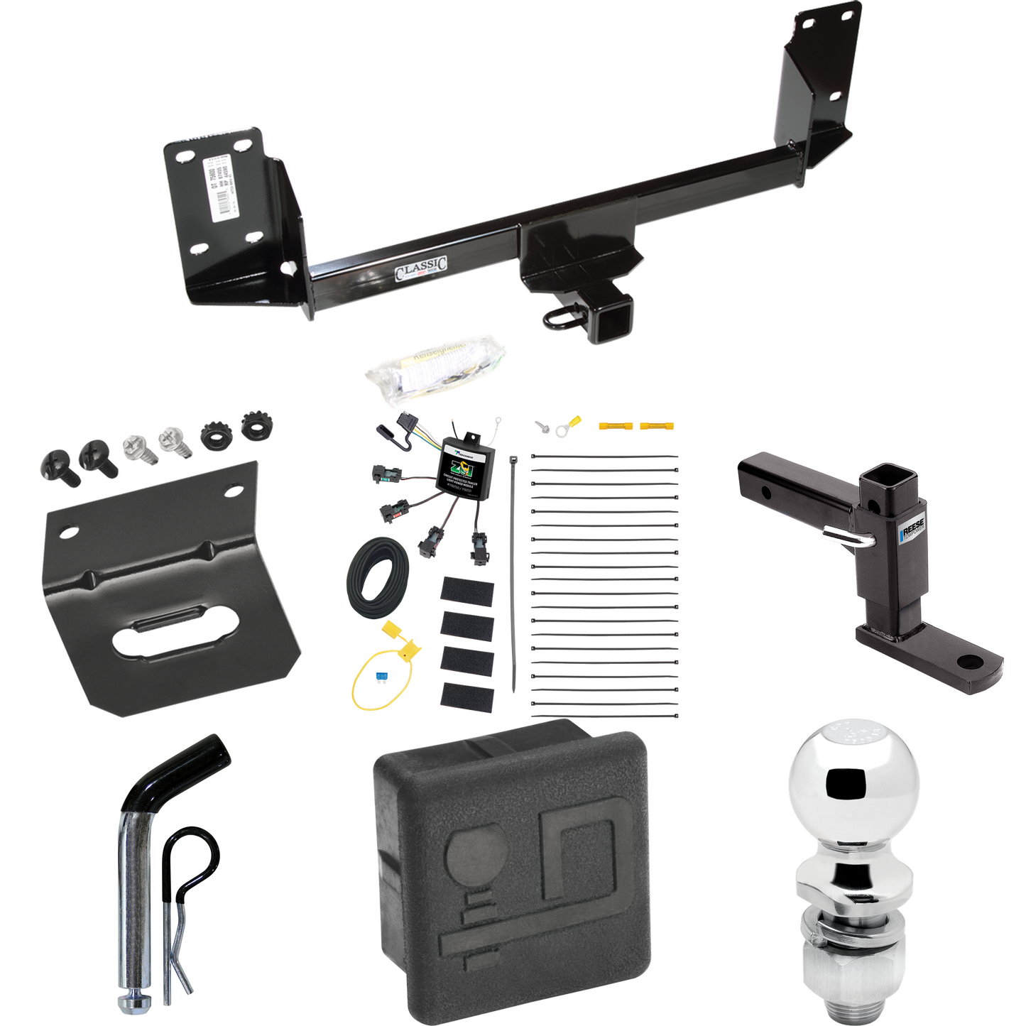 Fits 2007-2014 BMW X5 Trailer Hitch Tow PKG w/ 4-Flat Zero Contact "No Splice" Wiring + Adjustable Drop Rise Ball Mount + Pin/Clip + 2" Ball + Wiring Bracket + Hitch Cover (Excludes: M Sport Package Models) By Draw-Tite