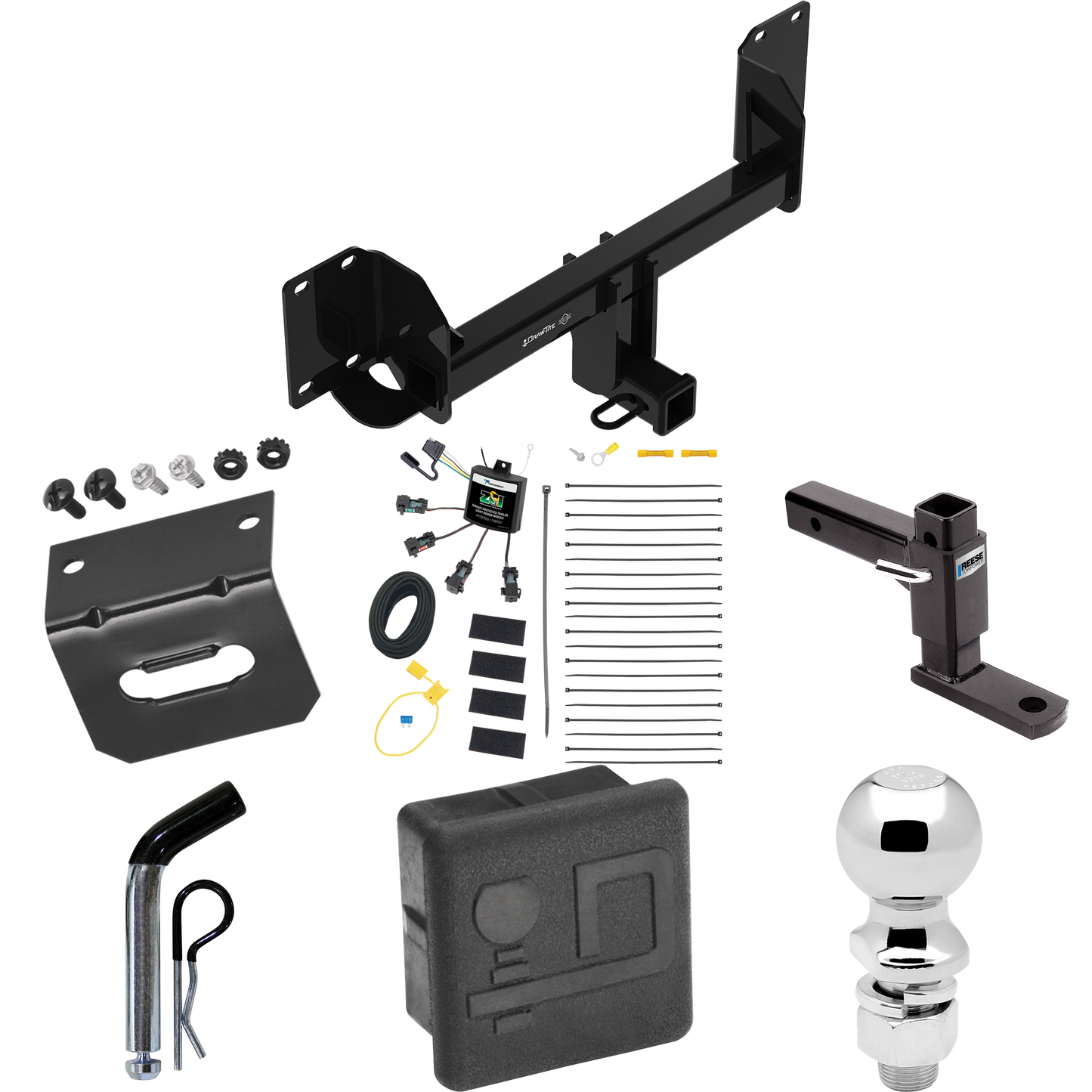 Fits 2019-2023 BMW X5 Trailer Hitch Tow PKG w/ 4-Flat Zero Contact "No Splice" Wiring + Adjustable Drop Rise Ball Mount + Pin/Clip + 2-5/16" Ball + Wiring Bracket + Hitch Cover (Excludes: M Sport Package Models) By Draw-Tite