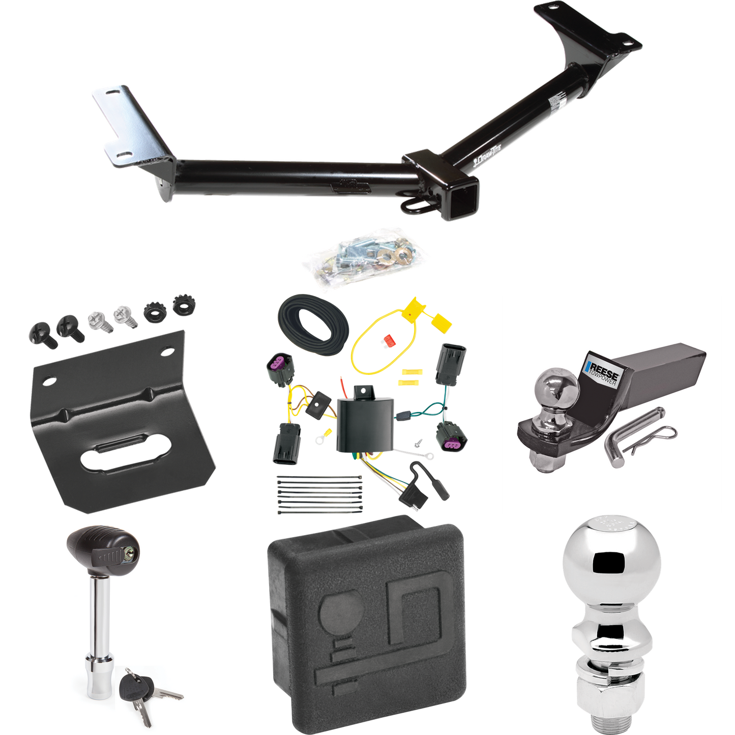 Fits 2012-2020 Dodge Journey Trailer Hitch Tow PKG w/ 4-Flat Wiring + Starter Kit Ball Mount w/ 2" Drop & 2" Ball + 2-5/16" Ball + Wiring Bracket + Hitch Lock + Hitch Cover (Excludes: w/LED Taillights Models) By Draw-Tite