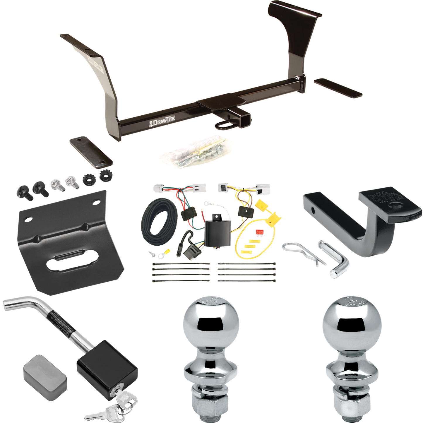 Se adapta al paquete de enganche de remolque Nissan Maxima 2009-2014 con arnés de cableado de 4 planos + barra de tracción + bola de 1-7/8" + 2" + soporte de cableado + bloqueo de enganche de Draw-Tite