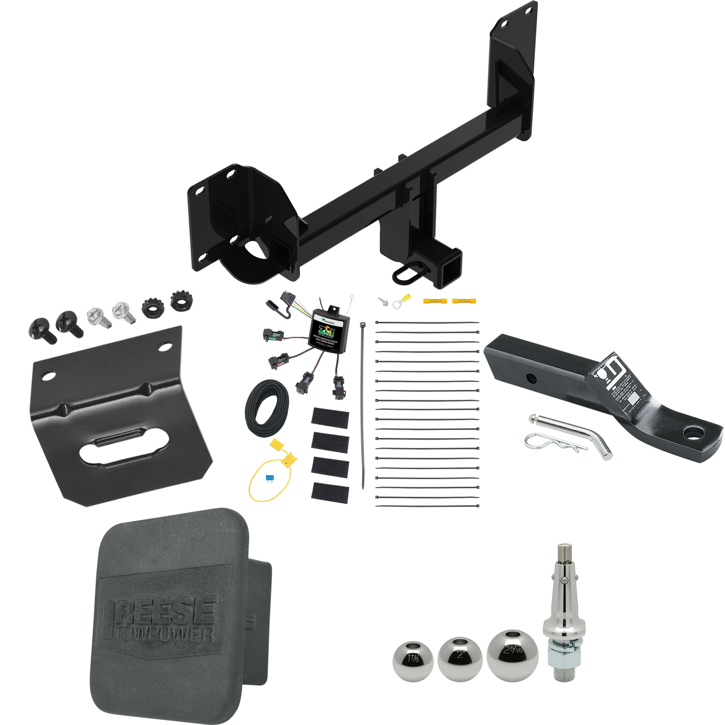 Fits 2019-2023 BMW X5 Trailer Hitch Tow PKG w/ 4-Flat Zero Contact "No Splice" Wiring + Ball Mount w/ 2" Drop + Interchangeable Ball 1-7/8" & 2" & 2-5/16" + Wiring Bracket + Hitch Cover (Excludes: M Sport Package Models) By Reese Towpower