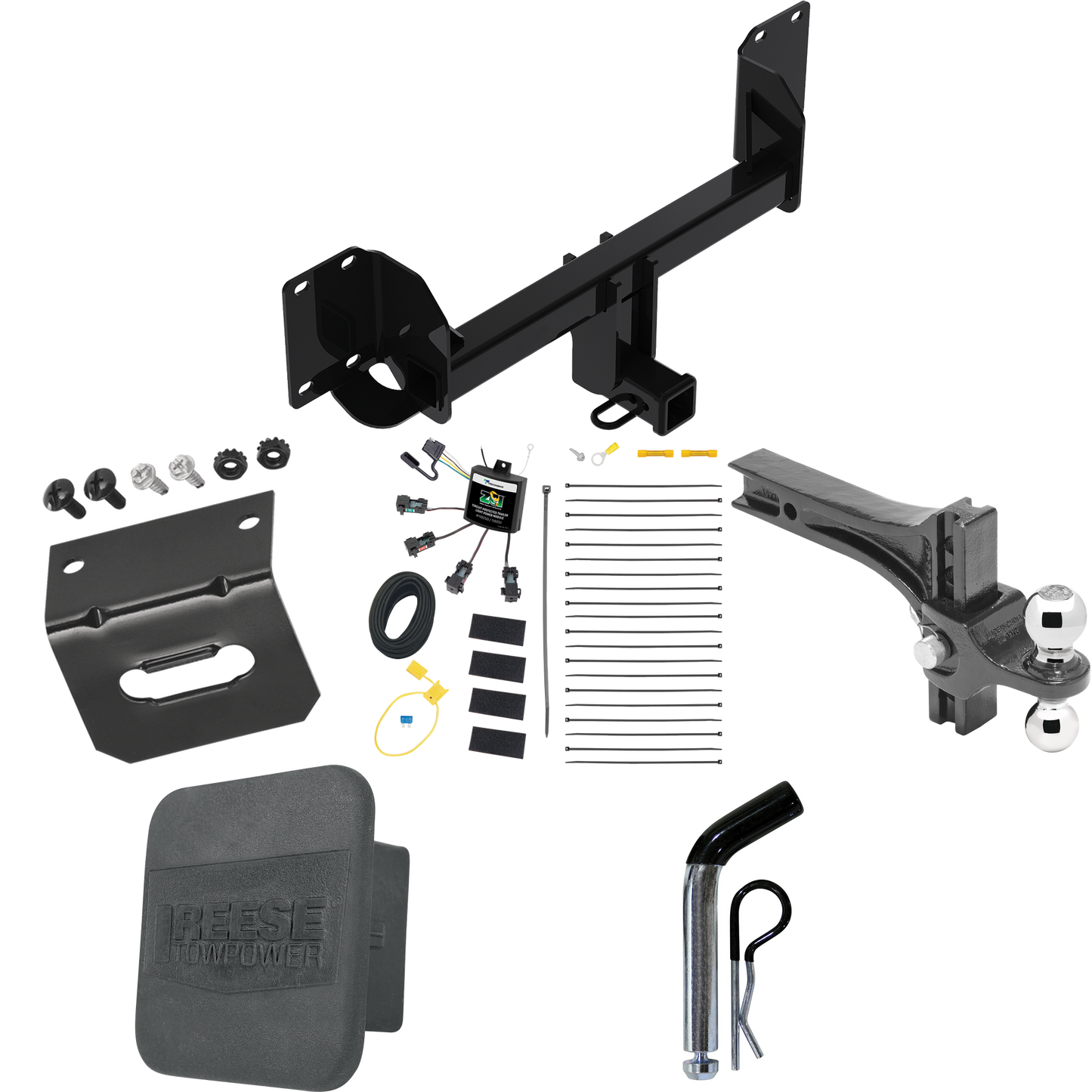 Fits 2019-2023 BMW X5 Trailer Hitch Tow PKG w/ 4-Flat Zero Contact "No Splice" Wiring + Dual Adjustable Drop Rise Ball Ball Mount 2" & 2-5/16" Trailer Balls + Pin/Clip + Wiring Bracket + Hitch Cover (Excludes: M Sport Package Models) By Reese Towpowe