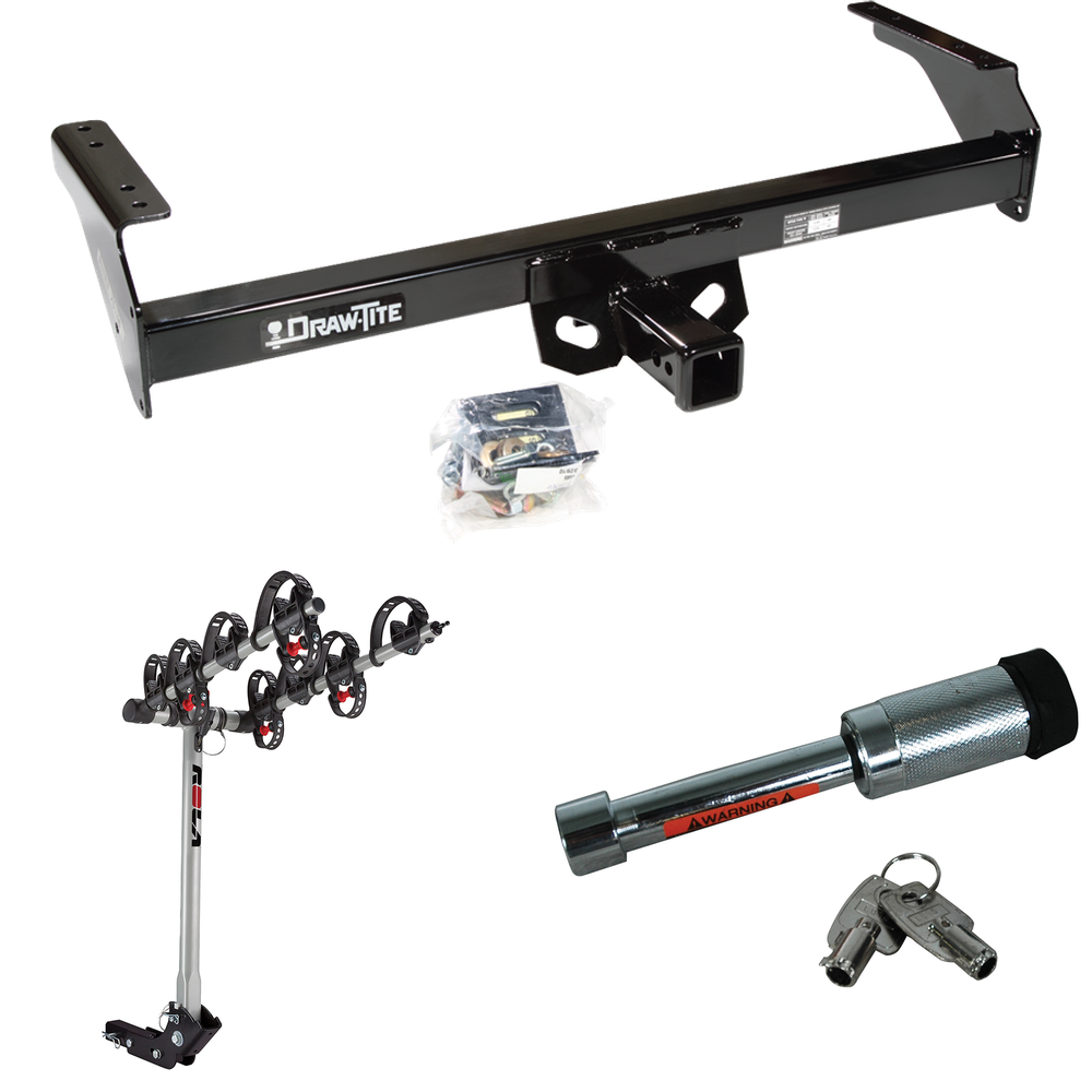 Fits 1988-1994 Nissan D21 Trailer Hitch Tow PKG w/ 4 Bike Carrier Rack + Hitch Lock By Draw-Tite