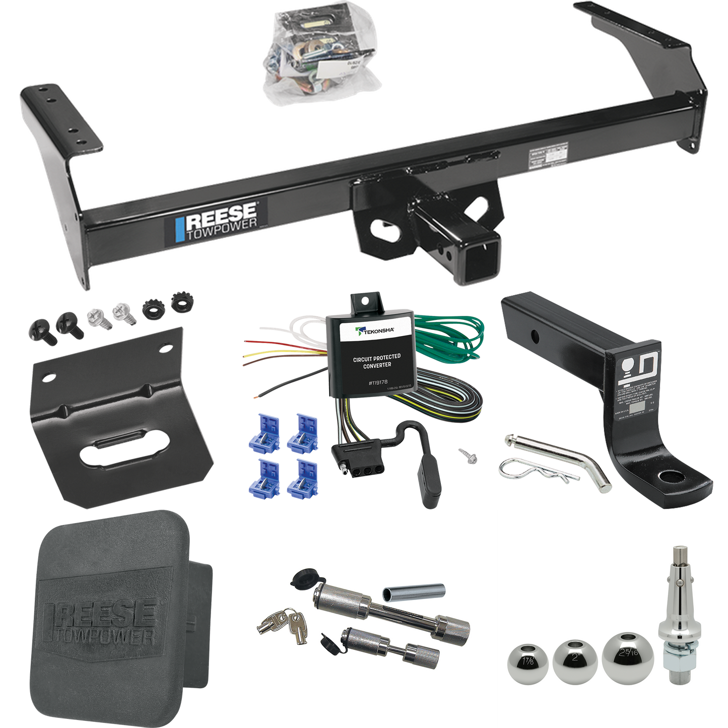 Fits 1995-1997 Nissan Pickup Trailer Hitch Tow PKG w/ 4-Flat Wiring + Ball Mount w/ 4" Drop + Interchangeable Ball 1-7/8" & 2" & 2-5/16" + Wiring Bracket + Dual Hitch & Coupler Locks + Hitch Cover By Reese Towpower