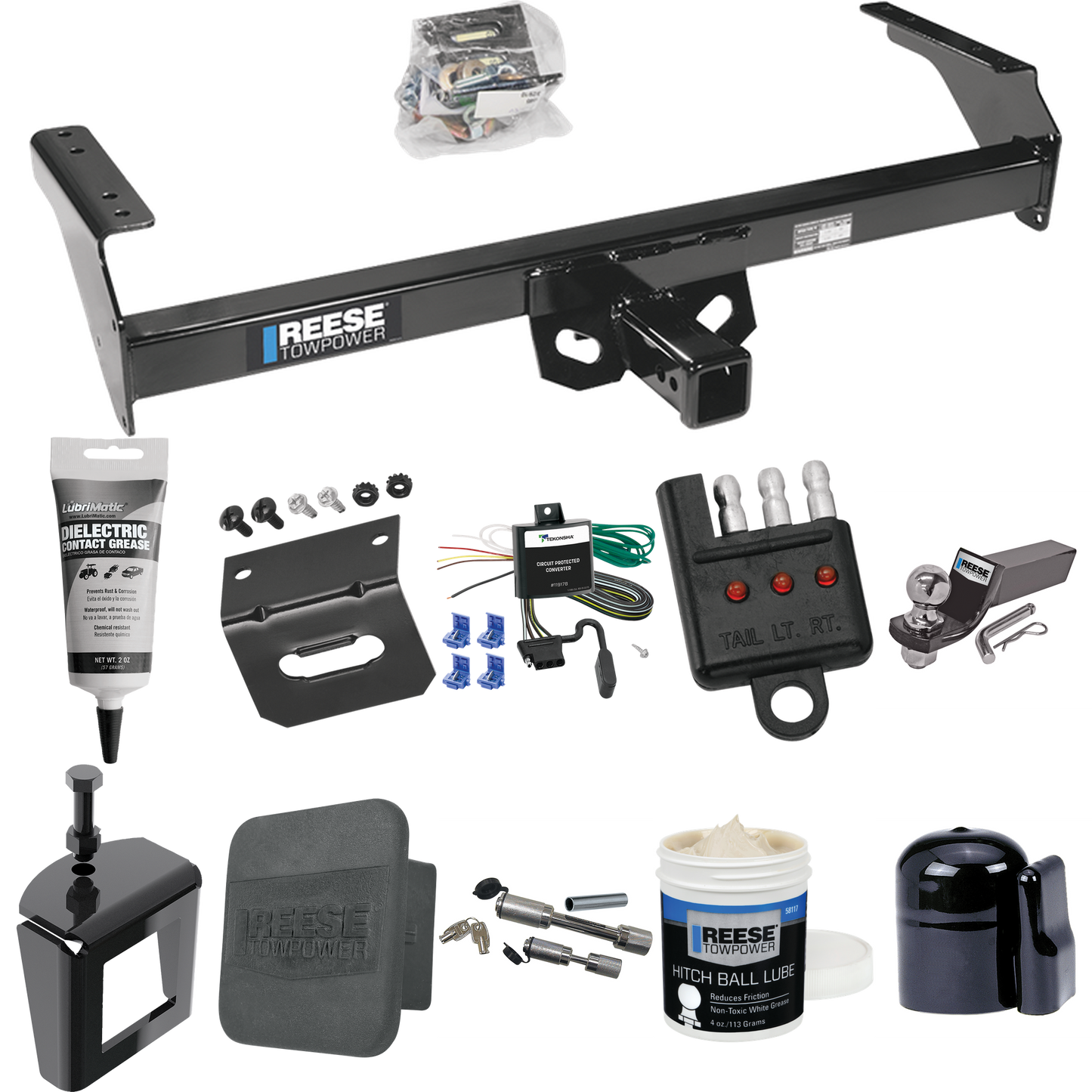 Fits 1995-1997 Nissan Pickup Trailer Hitch Tow PKG w/ 4-Flat Wiring + Starter Kit Ball Mount w/ 2" Drop & 2" Ball + 1-7/8" Ball + Wiring Bracket + Dual Hitch & Coupler Locks + Hitch Cover + Wiring Tester + Ball Lube + Electric Grease + Ball Wrench +