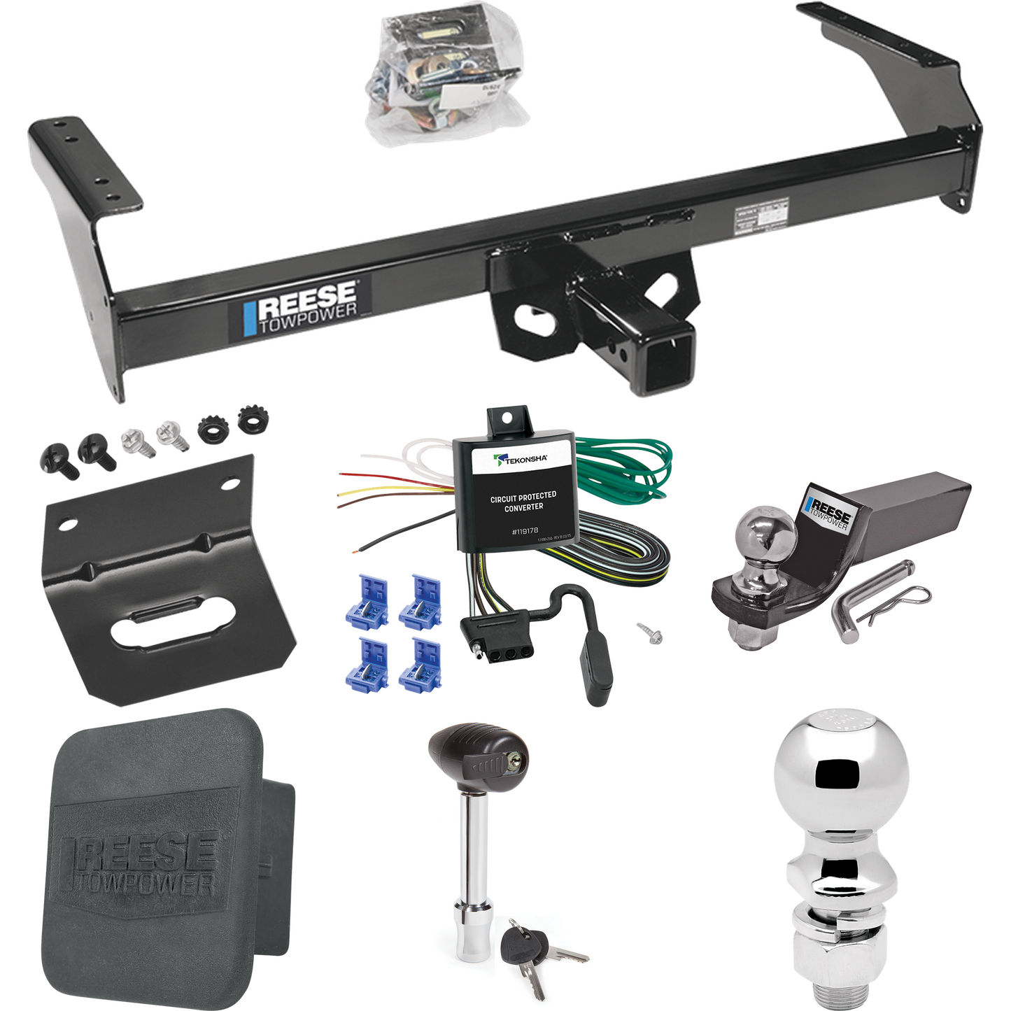 Fits 1988-1994 Nissan D21 Trailer Hitch Tow PKG w/ 4-Flat Wiring + Starter Kit Ball Mount w/ 2" Drop & 2" Ball + 2-5/16" Ball + Wiring Bracket + Hitch Lock + Hitch Cover By Reese Towpower