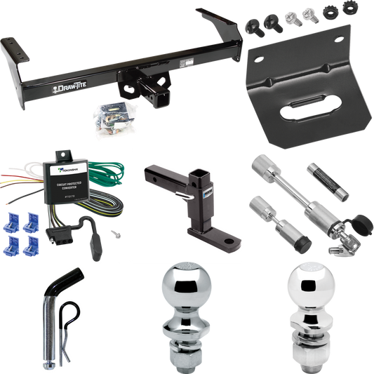 Fits 1995-1997 Nissan Pickup Trailer Hitch Tow PKG w/ 4-Flat Wiring Harness + Adjustable Drop Rise Ball Mount + Pin/Clip + 2" Ball + 1-7/8" Ball + Dual Hitch & Coupler Locks By Draw-Tite