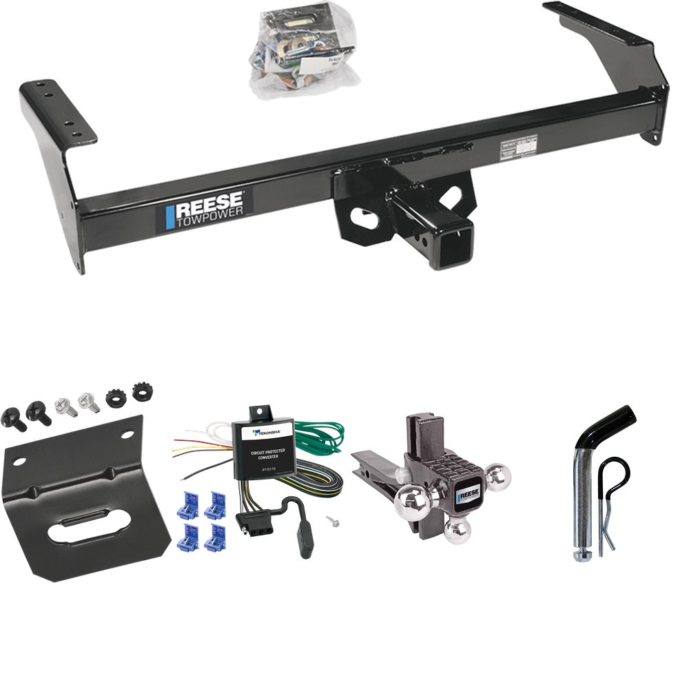 Fits 1988-1994 Nissan D21 Trailer Hitch Tow PKG w/ 4-Flat Wiring Harness + Adjustable Drop Rise Triple Ball Ball Mount 1-7/8" & 2" & 2-5/16" Trailer Balls + Pin/Clip + Wiring Bracket By Reese Towpower