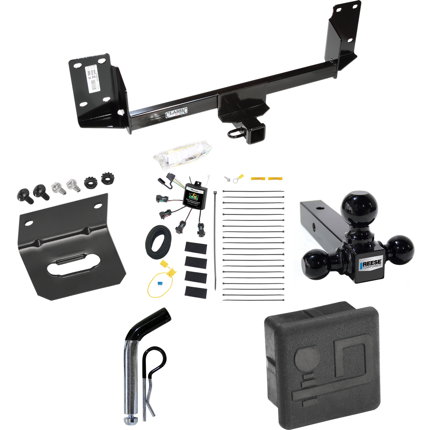 Fits 2007-2014 BMW X5 Trailer Hitch Tow PKG w/ 4-Flat Zero Contact "No Splice" Wiring + Triple Ball Ball Mount 1-7/8" & 2" & 2-5/16" Trailer Balls + Pin/Clip + Wiring Bracket + Hitch Cover (Excludes: M Sport Package Models) By Draw-Tite