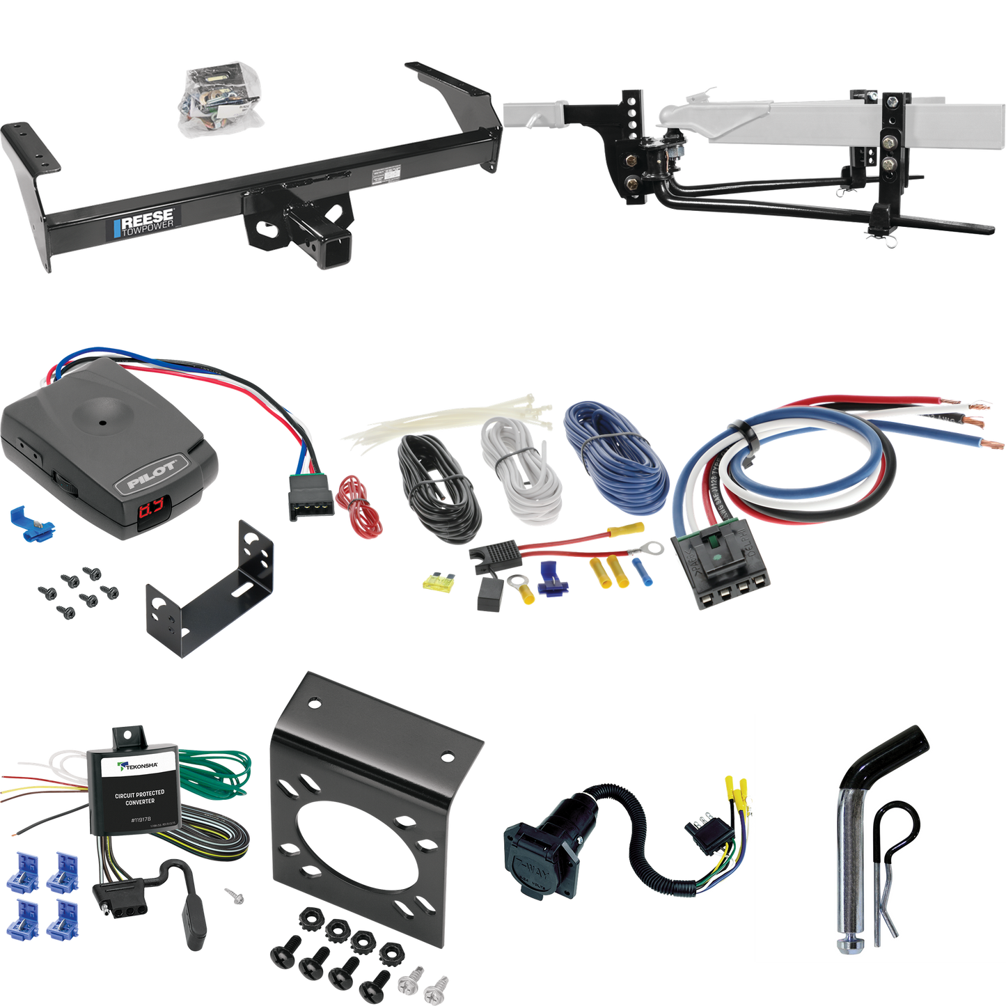 Fits 1995-1997 Nissan Pickup Trailer Hitch Tow PKG w/ 6K Round Bar Weight Distribution Hitch w/ 2-5/16" Ball + Pin/Clip + Pro Series Pilot Brake Control + Generic BC Wiring Adapter + 7-Way RV Wiring By Reese Towpower