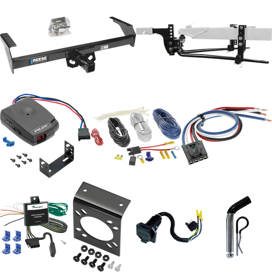 Fits 1995-1997 Nissan Pickup Trailer Hitch Tow PKG w/ 6K Round Bar Weight Distribution Hitch w/ 2-5/16" Ball + Pin/Clip + Pro Series Pilot Brake Control + Generic BC Wiring Adapter + 7-Way RV Wiring By Reese Towpower