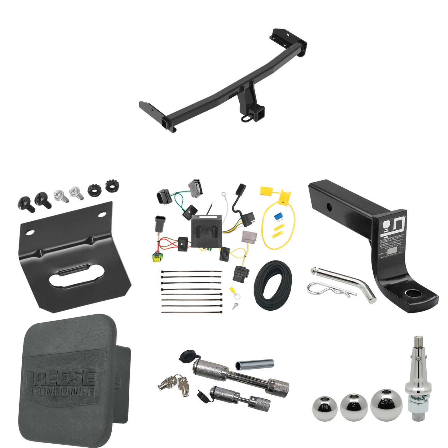 Fits 2011-2020 Dodge Journey Trailer Hitch Tow PKG w/ 4-Flat Wiring + Ball Mount w/ 4" Drop + Interchangeable Ball 1-7/8" & 2" & 2-5/16" + Wiring Bracket + Dual Hitch & Coupler Locks + Hitch Cover (For w/LED Taillights Models) By Reese Towpower