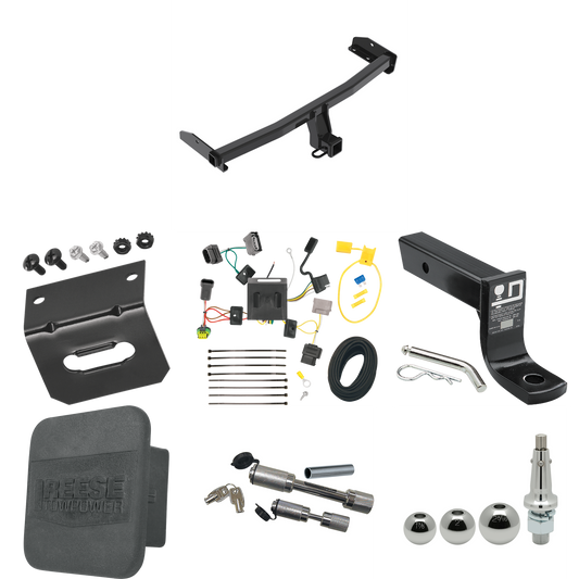 Fits 2011-2020 Dodge Journey Trailer Hitch Tow PKG w/ 4-Flat Wiring + Ball Mount w/ 4" Drop + Interchangeable Ball 1-7/8" & 2" & 2-5/16" + Wiring Bracket + Dual Hitch & Coupler Locks + Hitch Cover (For w/LED Taillights Models) By Reese Towpower