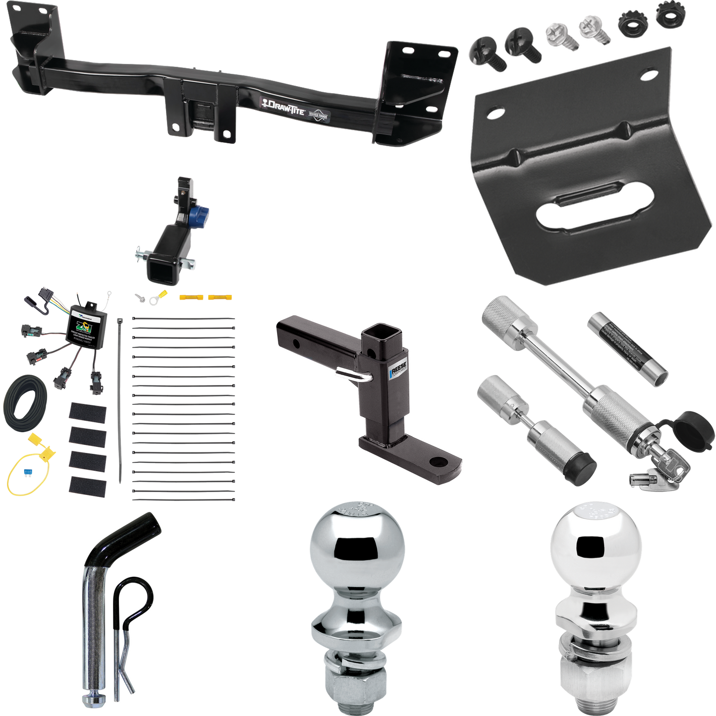 Fits 2007-2014 BMW X5 Trailer Hitch Tow PKG w/ 4-Flat Zero Contact "No Splice" Wiring Harness + Adjustable Drop Rise Ball Mount + Pin/Clip + 2" Ball + 1-7/8" Ball + Dual Hitch & Coupler Locks (Excludes: M Sport Package Models) By Draw-Tite