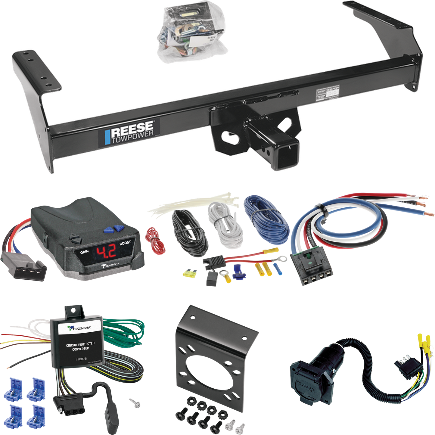 Fits 1995-1997 Nissan Pickup Trailer Hitch Tow PKG w/ Tekonsha BRAKE-EVN Brake Control + Generic BC Wiring Adapter + 7-Way RV Wiring By Reese Towpower