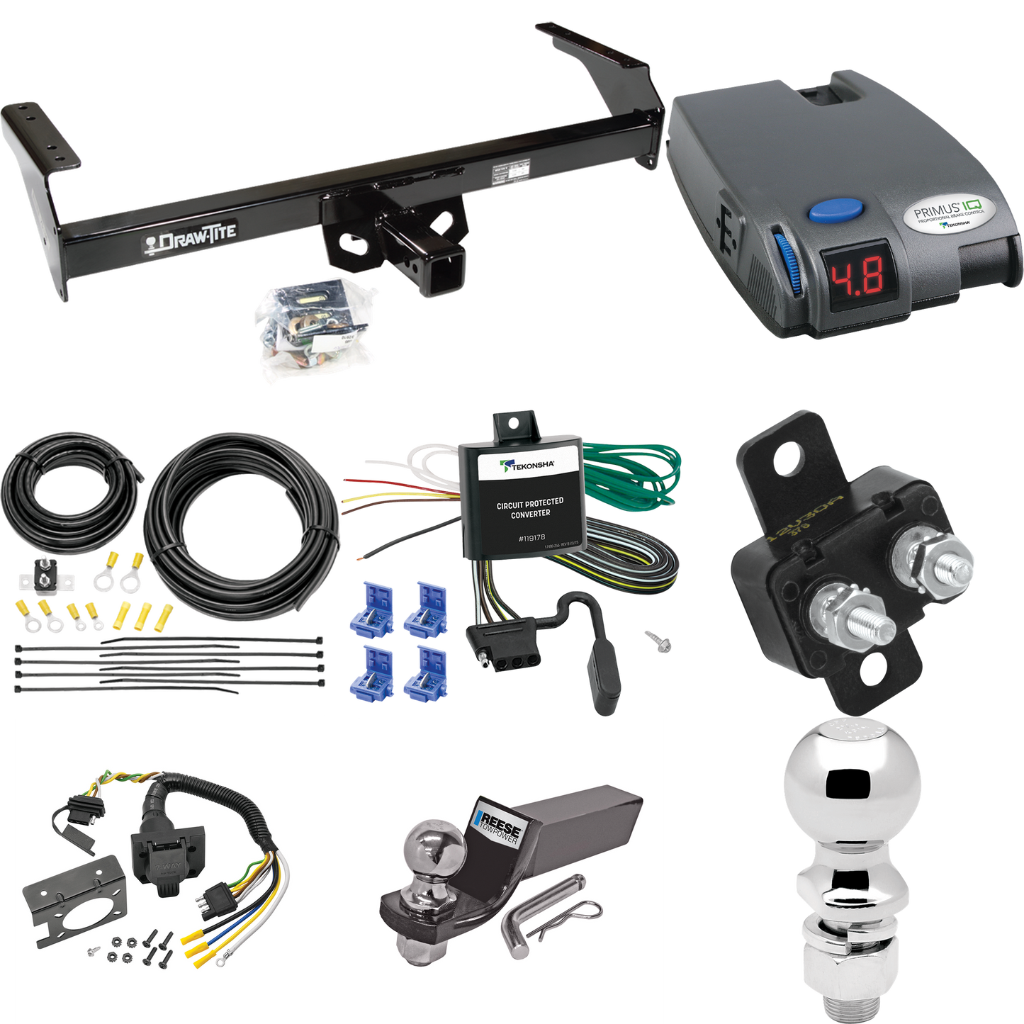 Se adapta al paquete de enganche de remolque Nissan D21 1988-1994 con control de freno Tekonsha Primus IQ + cableado RV de 7 vías + soporte de bola y caída de 2" y 2-5/16" de Draw-Tite