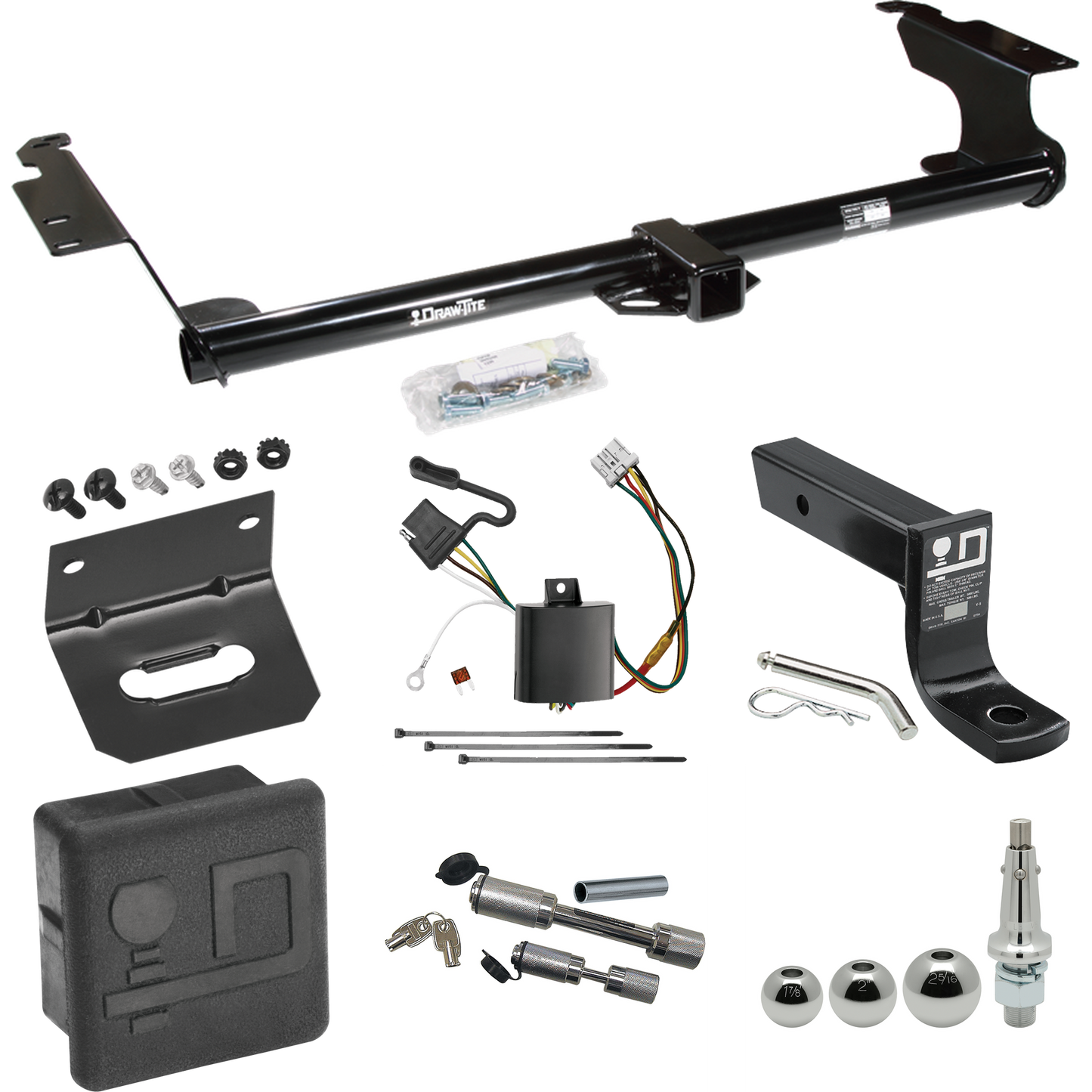 Fits 2005-2010 Honda Odyssey Trailer Hitch Tow PKG w/ 4-Flat Wiring + Ball Mount w/ 4" Drop + Interchangeable Ball 1-7/8" & 2" & 2-5/16" + Wiring Bracket + Dual Hitch & Coupler Locks + Hitch Cover By Draw-Tite