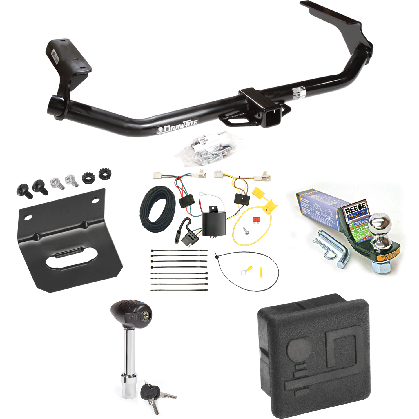 Fits 2009-2016 Toyota Venza Trailer Hitch Tow PKG w/ 4-Flat Wiring + Starter Kit Ball Mount w/ 2" Drop & 1-7/8" Ball + Wiring Bracket + Hitch Lock + Hitch Cover By Draw-Tite