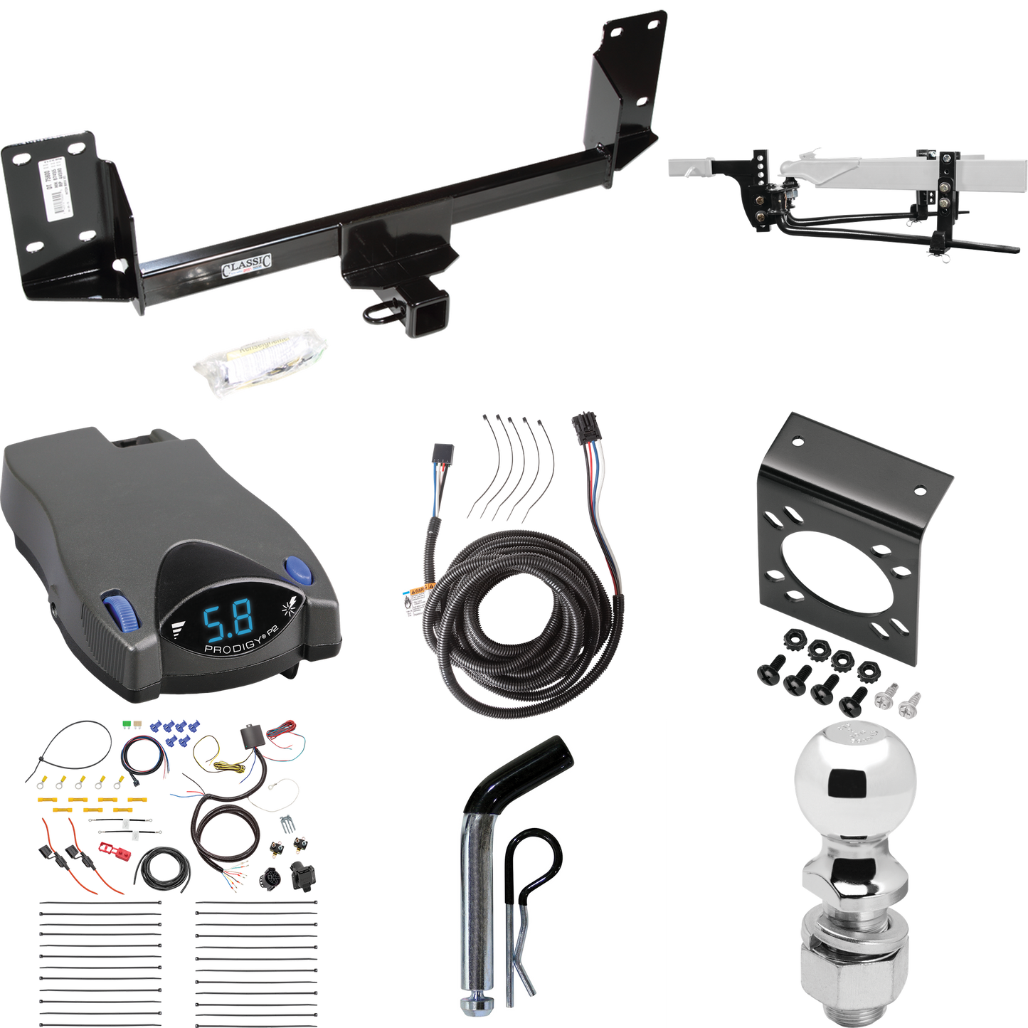 Fits 2007-2014 BMW X5 Trailer Hitch Tow PKG w/ 6K Round Bar Weight Distribution Hitch w/ 2-5/16" Ball + 2" Ball + Pin/Clip + Tekonsha Prodigy P2 Brake Control + Plug & Play BC Adapter + 7-Way RV Wiring (Excludes: M Sport Package Models) By Draw-Tite