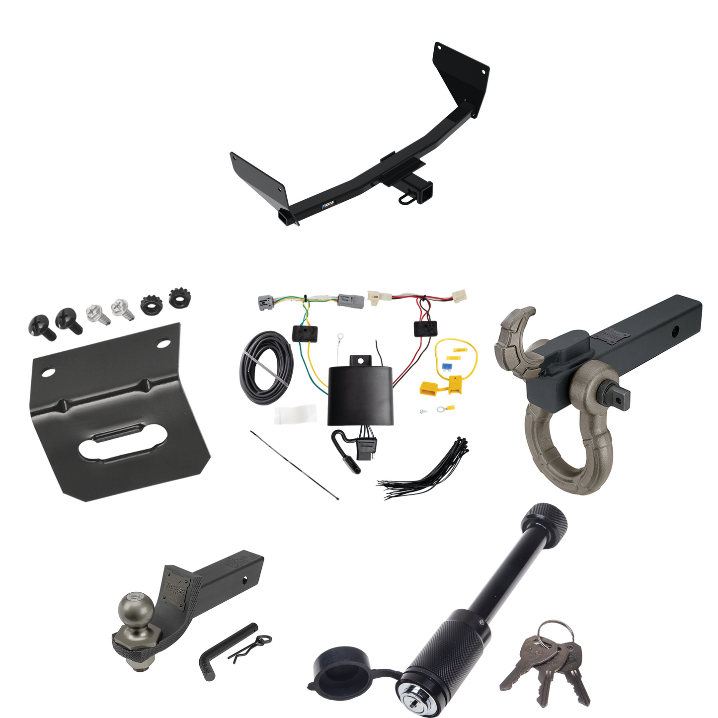 Fits 2021-2023 Toyota Venza Trailer Hitch Tow PKG w/ 4-Flat Wiring + Interlock Tactical Starter Kit w/ 2" Drop & 2" Ball + Tactical Hook & Shackle Mount + Tactical Dogbone Lock + Wiring Bracket By Reese Towpower