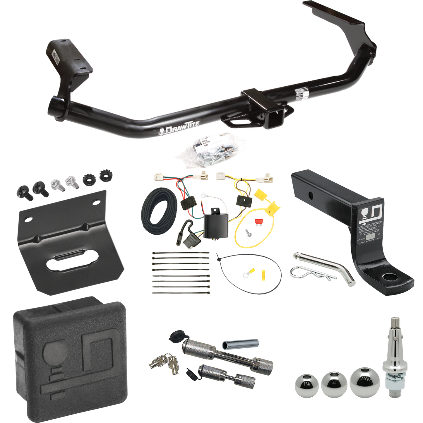 Fits 2009-2016 Toyota Venza Trailer Hitch Tow PKG w/ 4-Flat Wiring + Ball Mount w/ 4" Drop + Interchangeable Ball 1-7/8" & 2" & 2-5/16" + Wiring Bracket + Dual Hitch & Coupler Locks + Hitch Cover By Draw-Tite