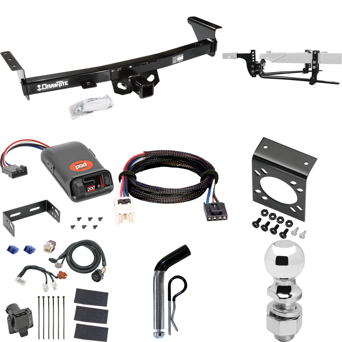 Fits 2005-2023 Nissan Frontier Trailer Hitch Tow PKG w/ 8K Round Bar Weight Distribution Hitch w/ 2-5/16" Ball + 2" Ball + Pin/Clip + Pro Series POD Brake Control + Plug & Play BC Adapter + 7-Way RV Wiring (For (Canada Only) Models) By Draw-Tite