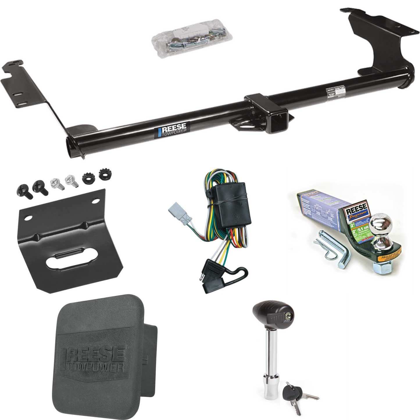 Fits 1999-2004 Honda Odyssey Trailer Hitch Tow PKG w/ 4-Flat Wiring + Starter Kit Ball Mount w/ 2" Drop & 1-7/8" Ball + Wiring Bracket + Hitch Lock + Hitch Cover By Reese Towpower