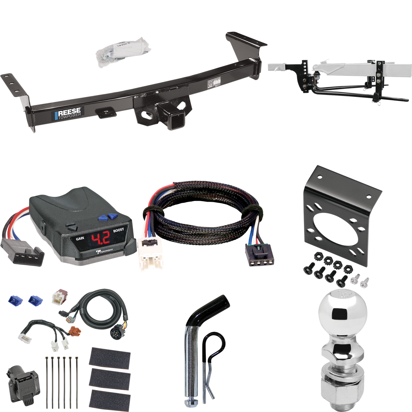 Fits 2005-2023 Nissan Frontier Trailer Hitch Tow PKG w/ 8K Round Bar Weight Distribution Hitch w/ 2-5/16" Ball + 2" Ball + Pin/Clip + Tekonsha BRAKE-EVN Brake Control + Plug & Play BC Adapter + 7-Way RV Wiring (For (Canada Only) Models) By Reese Towp