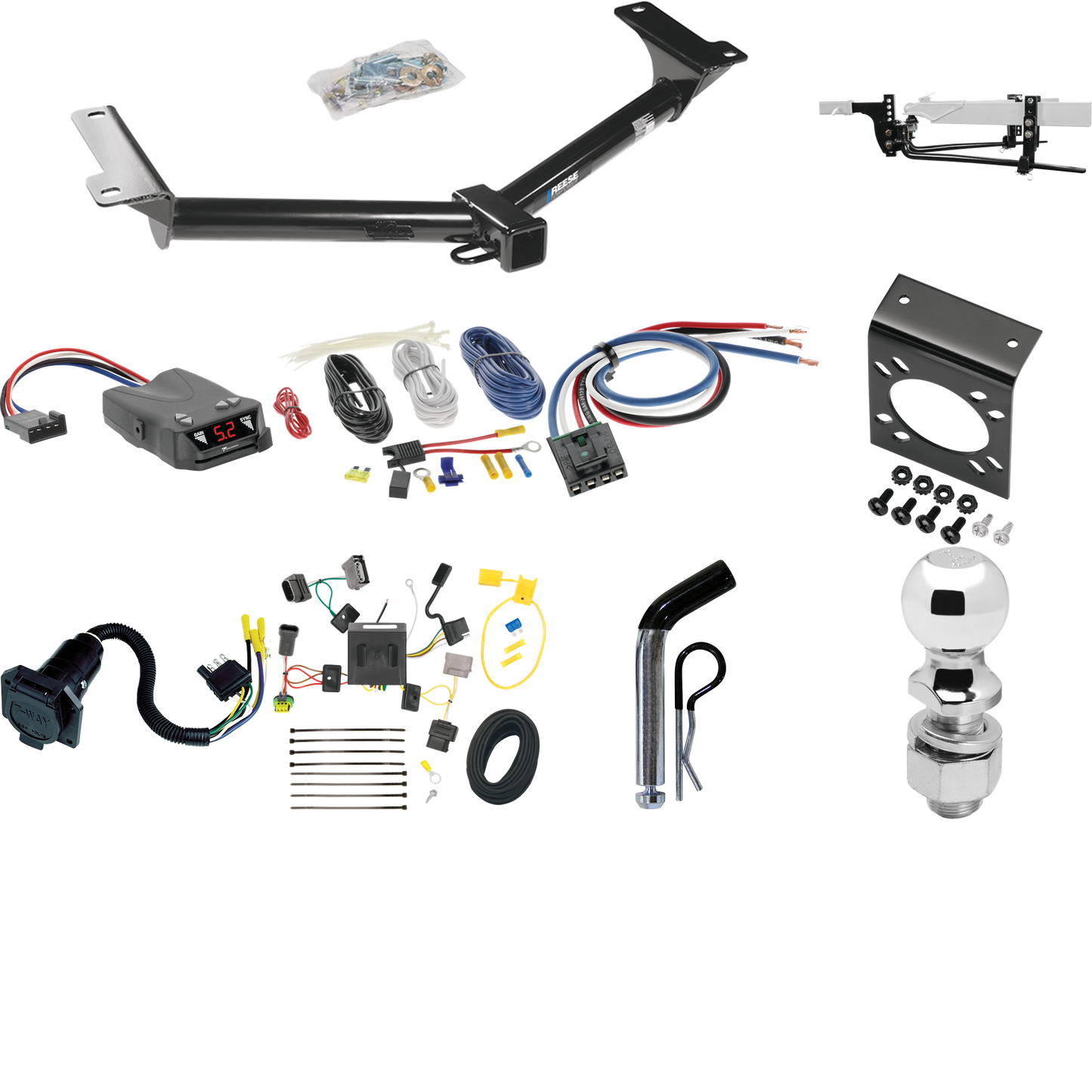 Fits 2011-2020 Dodge Journey Trailer Hitch Tow PKG w/ 6K Round Bar Weight Distribution Hitch w/ 2-5/16" Ball + 2" Ball + Pin/Clip + Tekonsha Brakeman IV Brake Control + Generic BC Wiring Adapter + 7-Way RV Wiring (For w/LED Taillights Models) By Rees